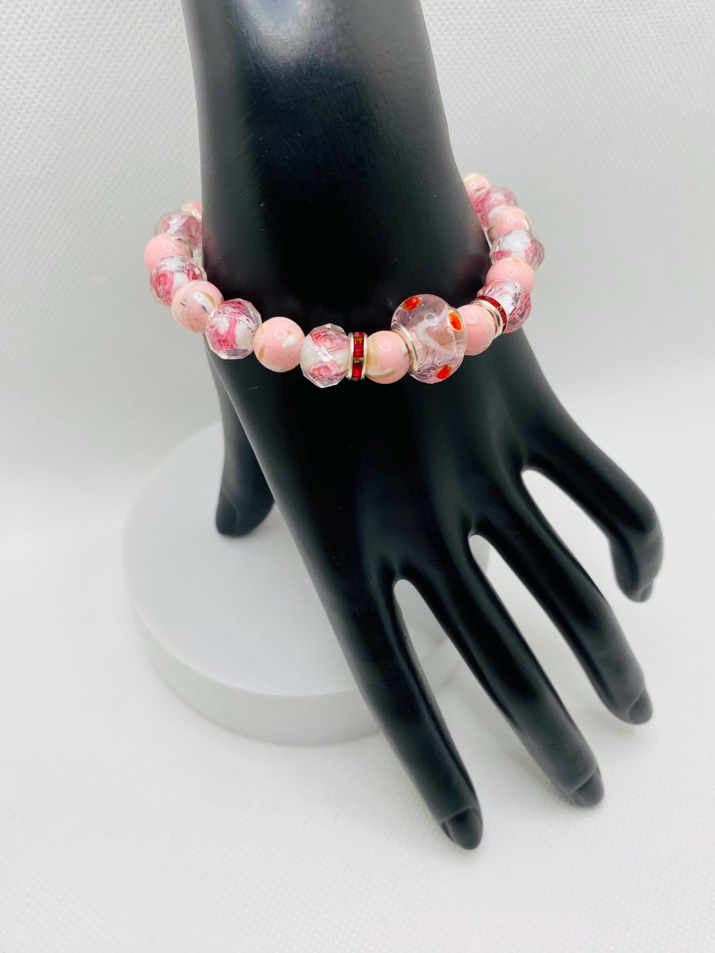 Pink Lampwork Glass Bead Bracelet: Floral Trochus Turquoise