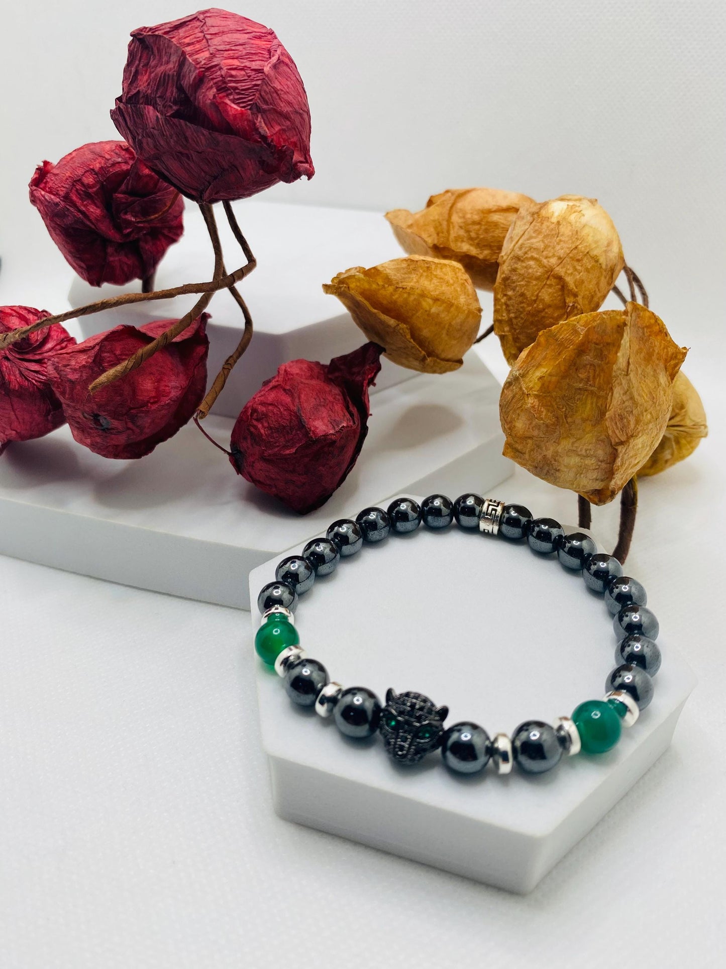 Black Panther Hematite Bracelet: Green Jade Gemstone Beads, Handmade