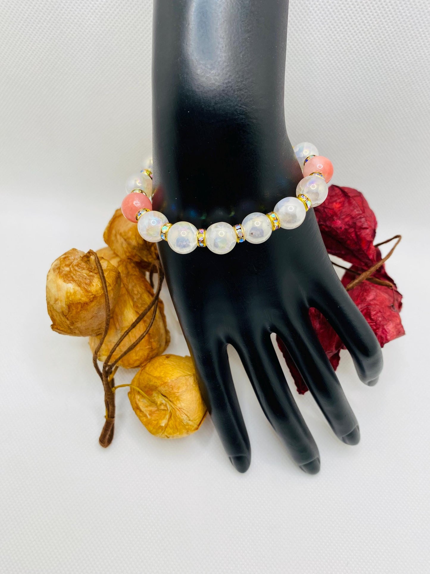 Snow Quartz & Pink Gemstone Bracelet: 18k Gold Plated Rondelles