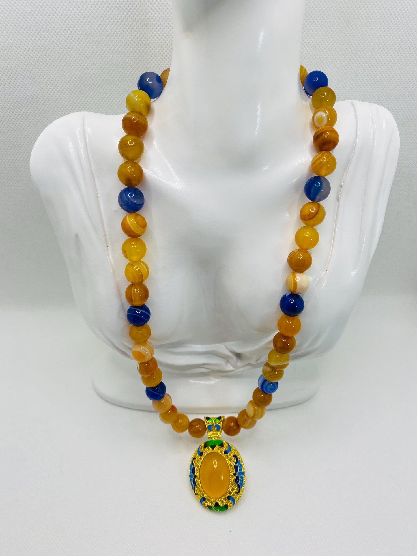 Handmade Chalcedony Pendant Necklace: Striped Agate Gemstone Beads, Boho Jewelry