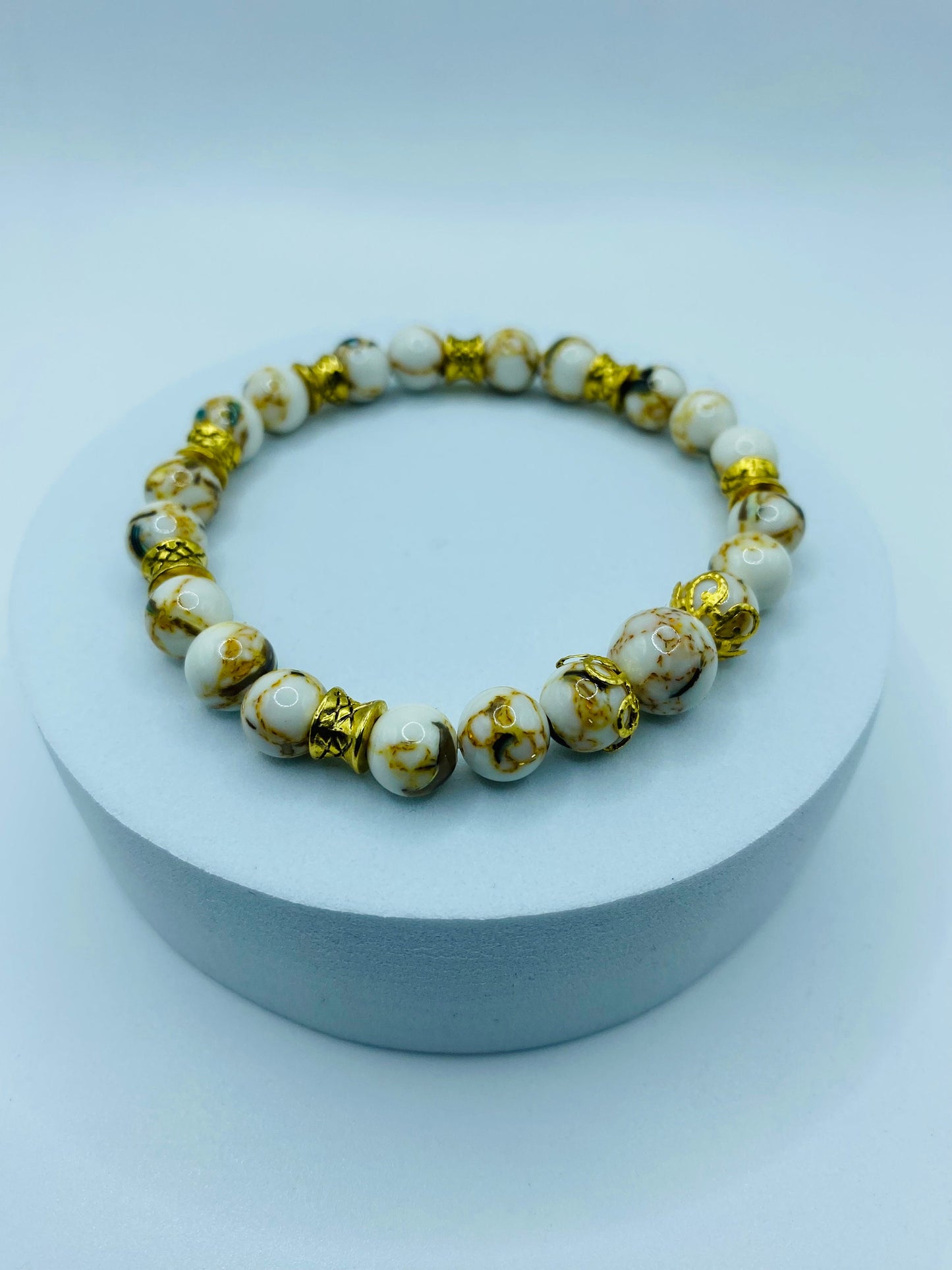 Handmade White Turquoise Bracelet: Tibetan Gold Spacers