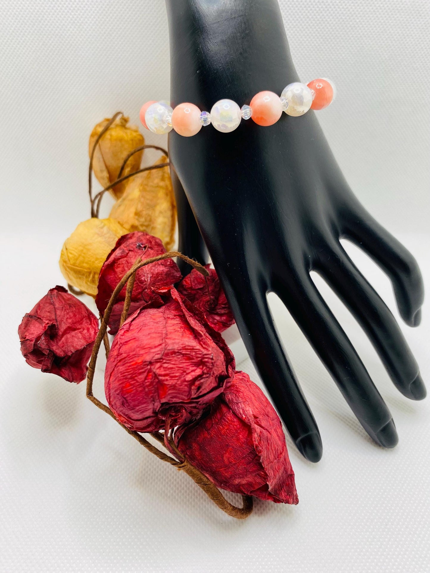 Snow Quartz, Onyx & Persian Pink Gemstone Bracelet