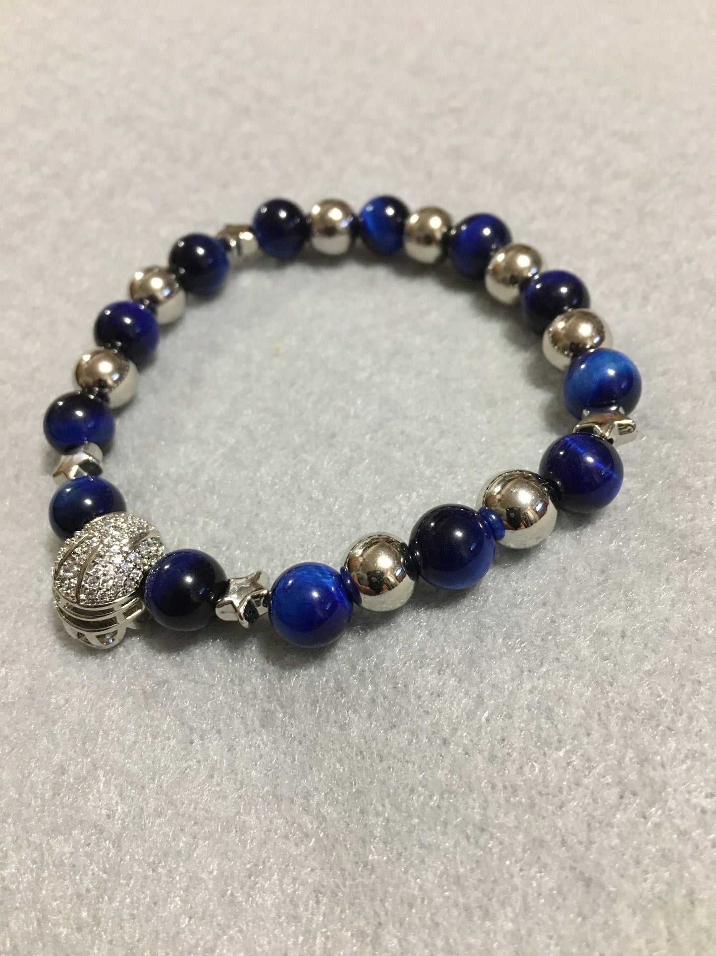 Dallas Cowboys Bracelet: Blue Tigers Eye, Silver Helmet & White Gold Stars