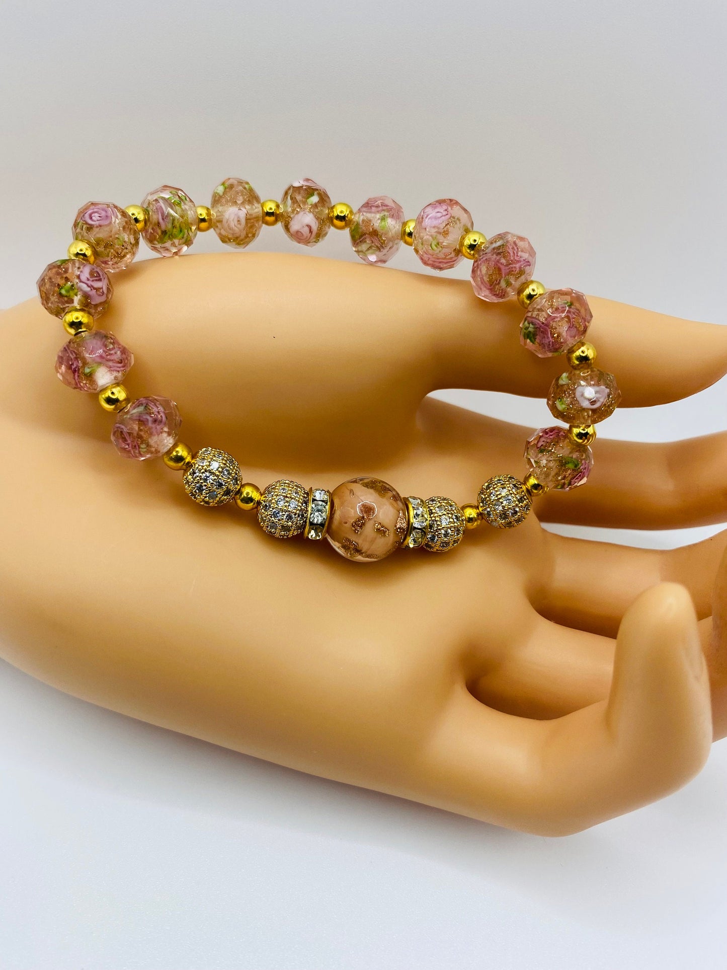 Gold Plated Hematite Bracelet: Pink Lampwork Murano Glass Floral Beads