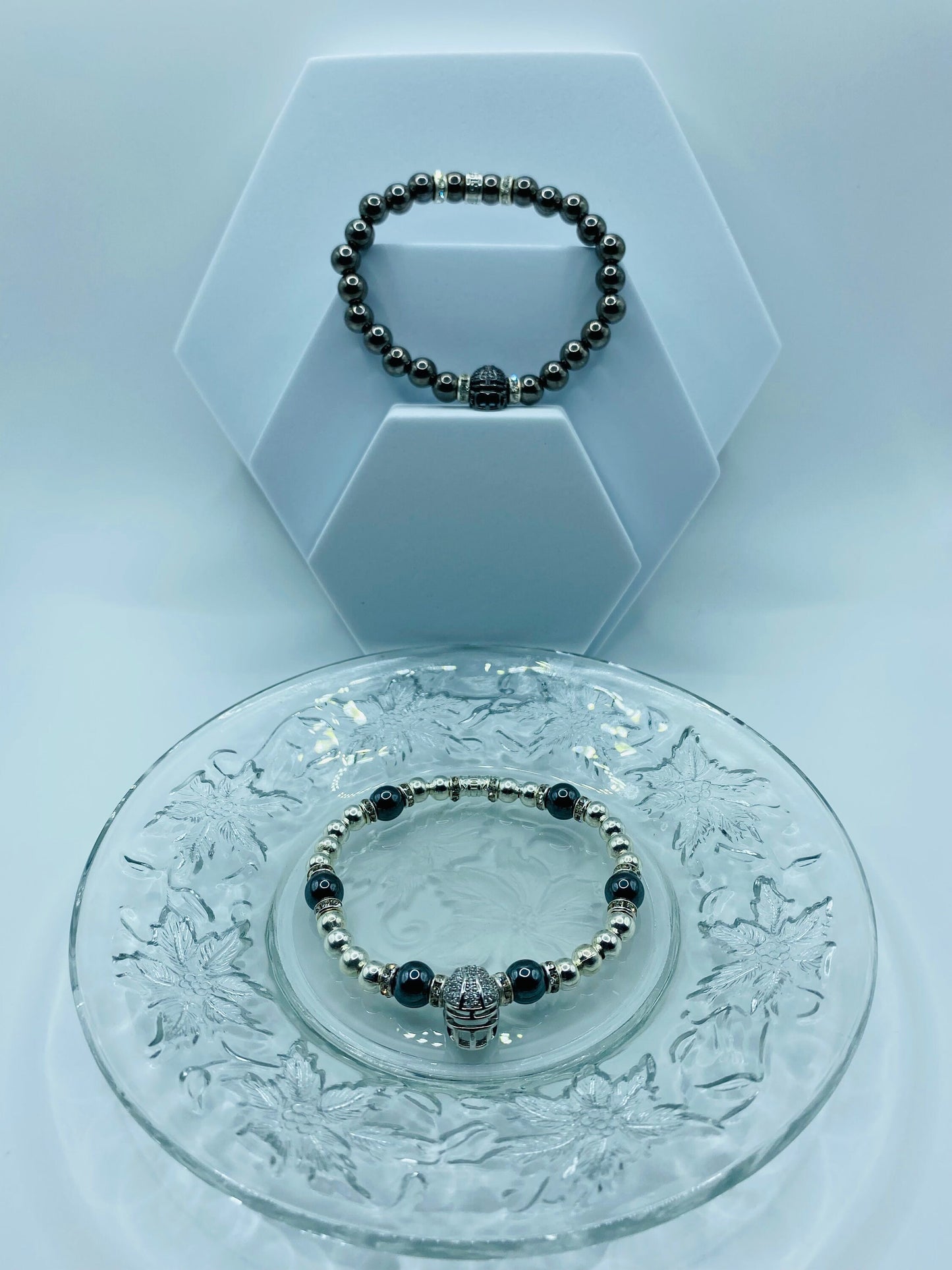 Las Vegas Raiders Bracelet: Hematite Beads, CZ Football Helmet