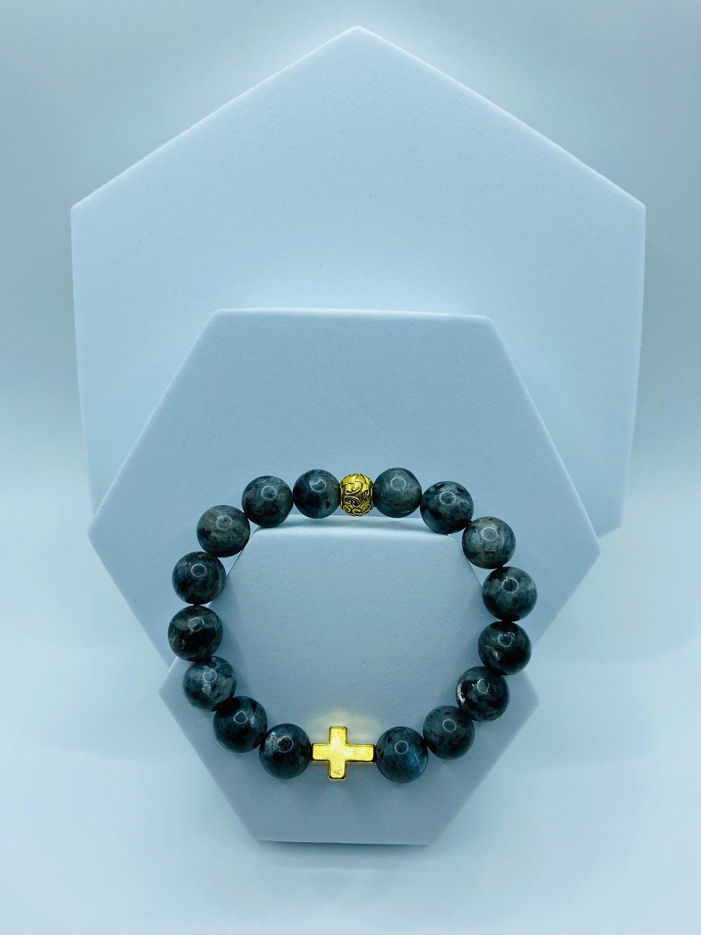 Labradorite Bracelet with Gold Cross Charm: Religious Jewelry Gift