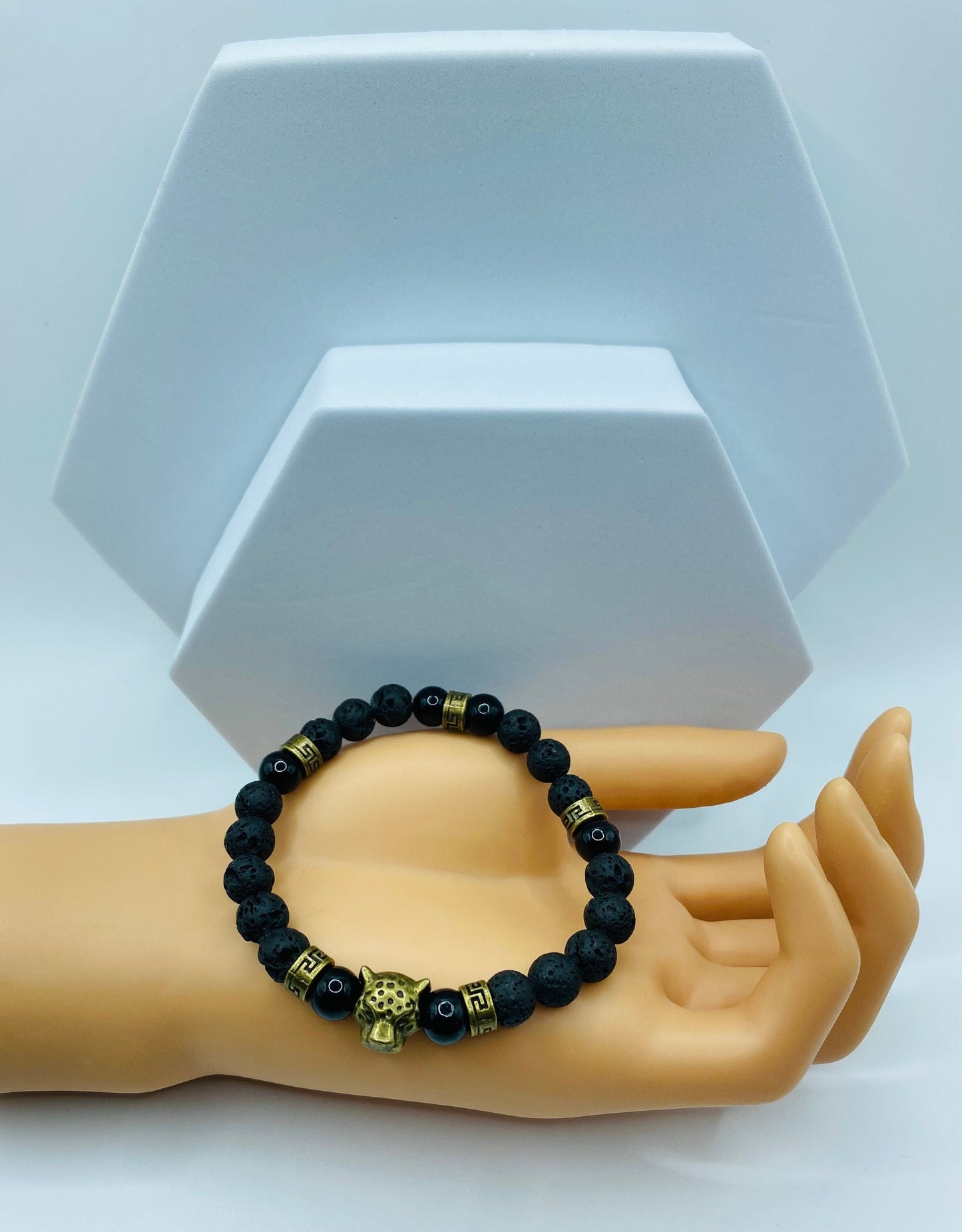 Black Onyx Lava Rock Bracelet with Bronze Leopard Charm