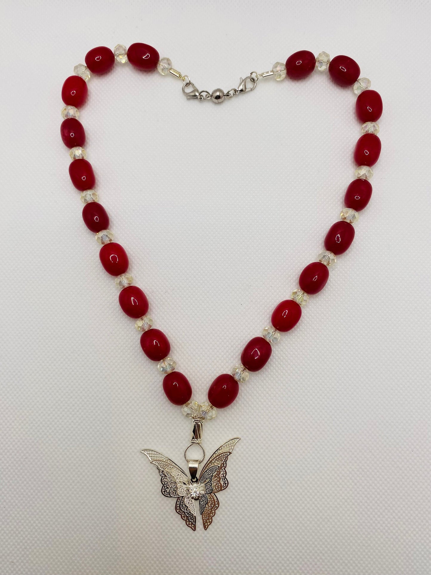 Red Jade Necklace: Silver Butterfly Pendant & Crystal Beads
