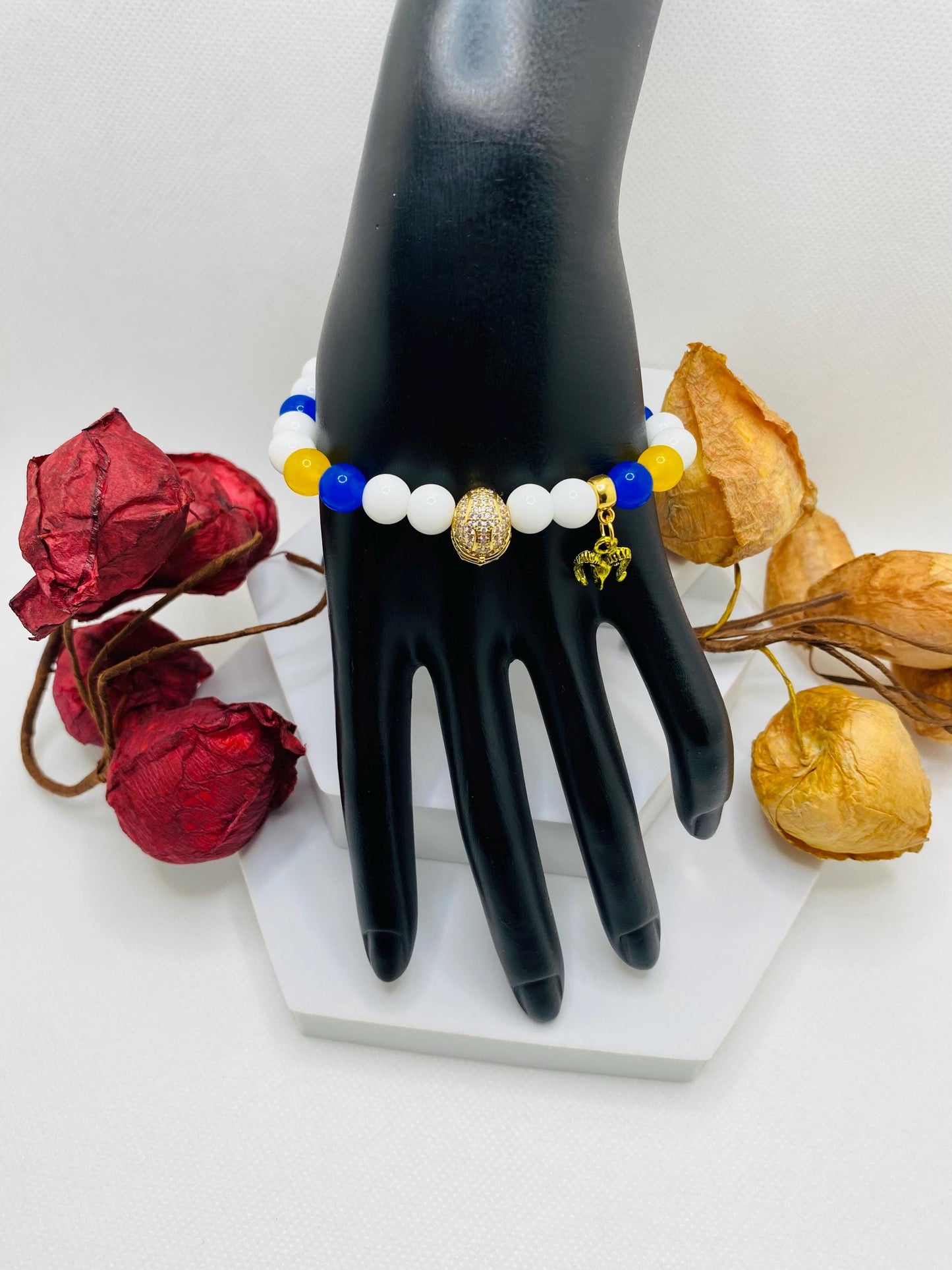 Los Angeles Rams Bracelet: Agate & Kyanite Gemstone Beads, Football Charm