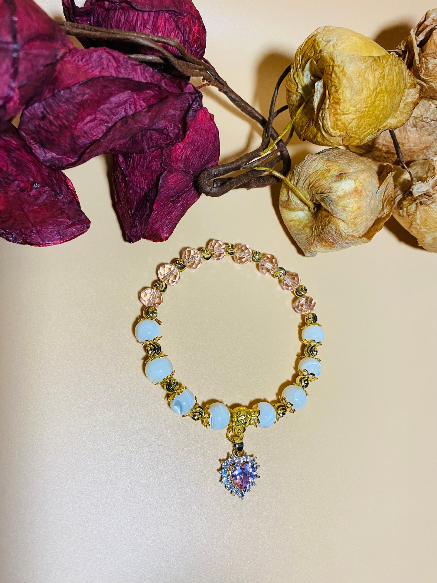 Mother of Pearl Bracelet: Pink Crystal Beads, Heart Charm, 18k Gold Accents