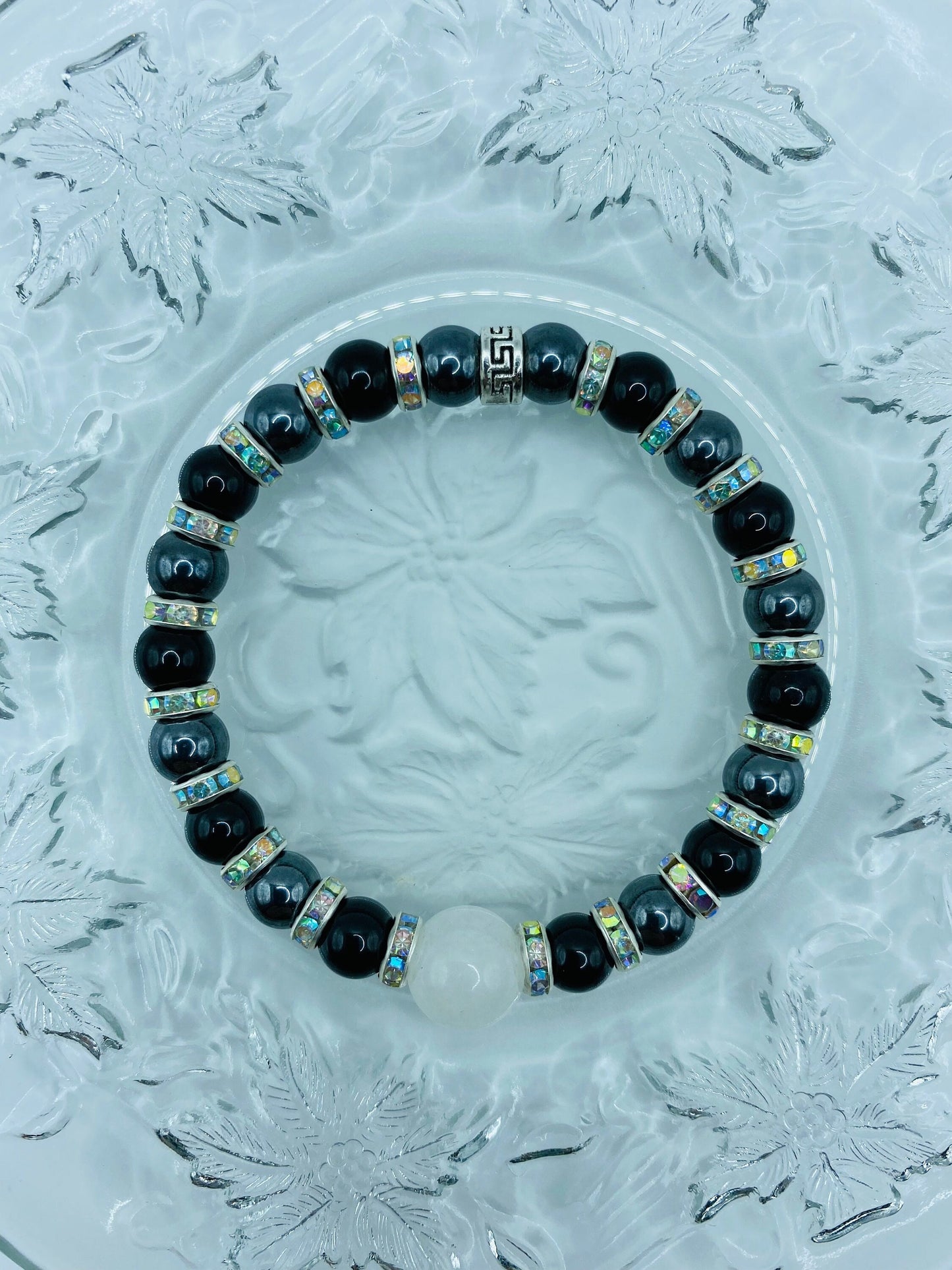 Handmade Black Onyx & Chalcedony Bracelet with Rhinestone Spacers