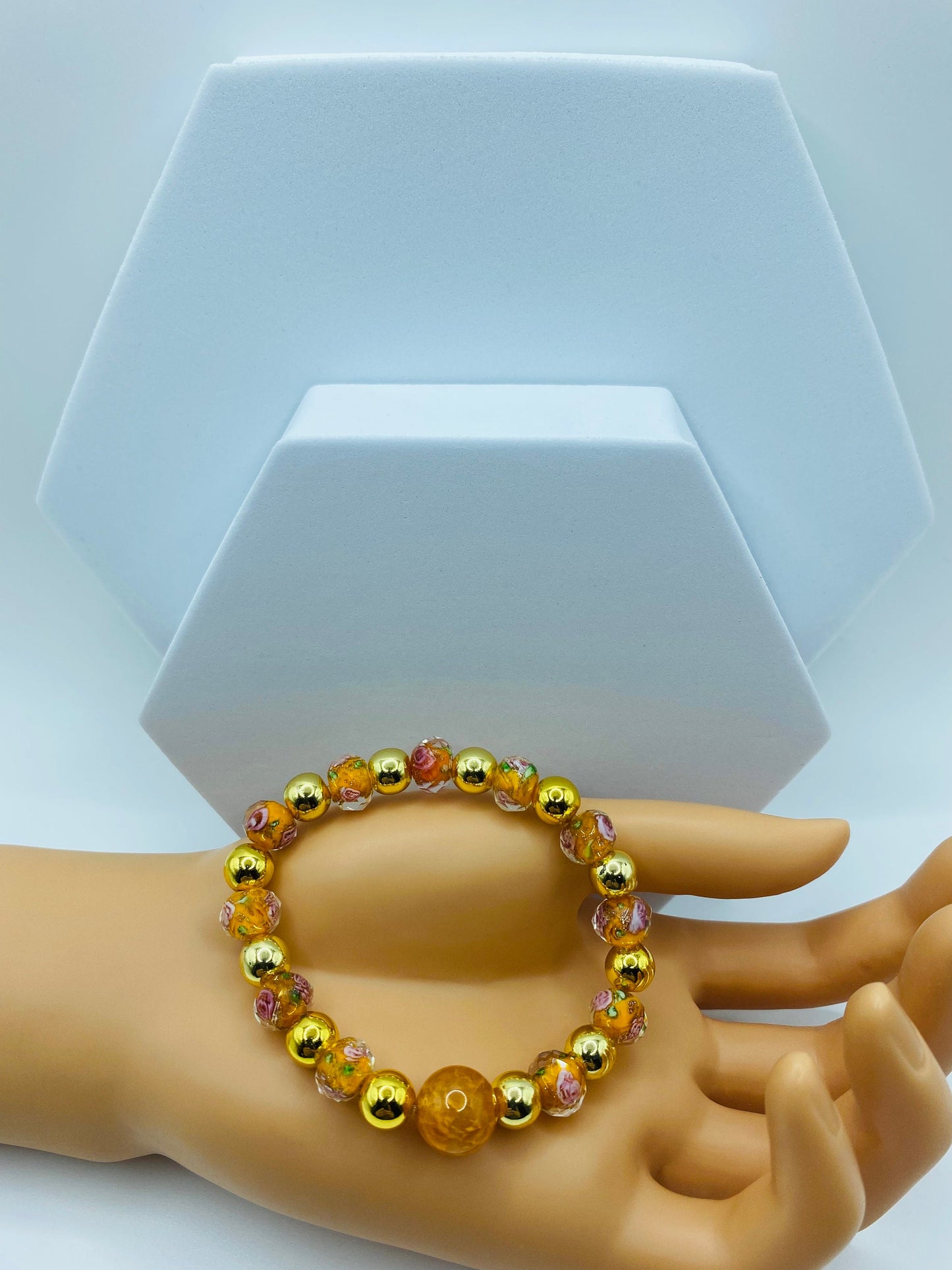 Handmade Fire Agate Bracelet: 18K Gold Hematite & Lampwork Floral Beads