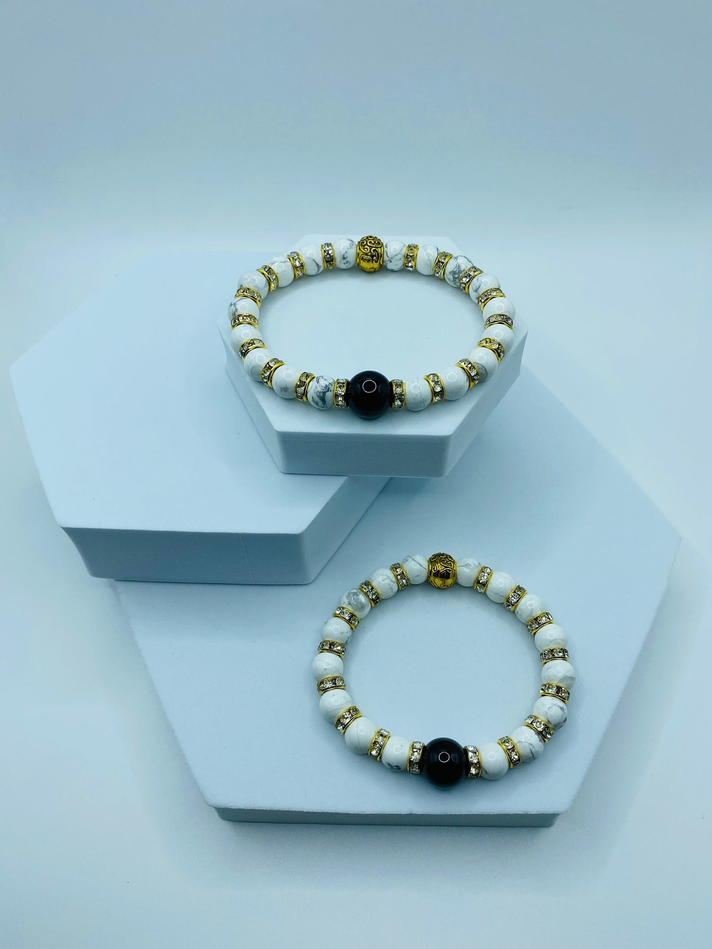 Mens Black Onyx & Howlite Gemstone Bracelet with Rhinestones