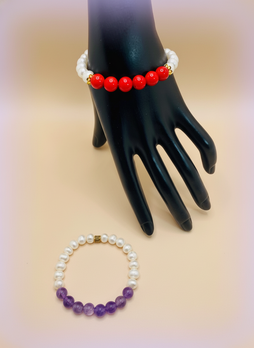 Amethyst Coral Pearl Bracelet Set - Using Exact Image