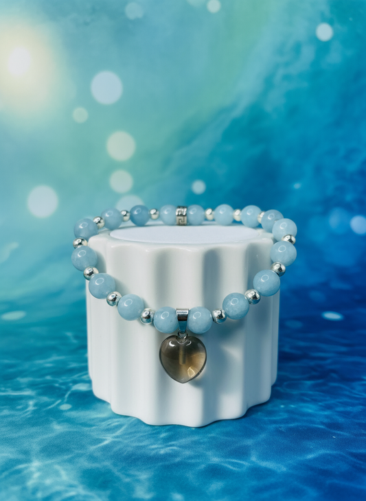 Aquamarine Smoky Quartz Heart Bracelet - Enhanced