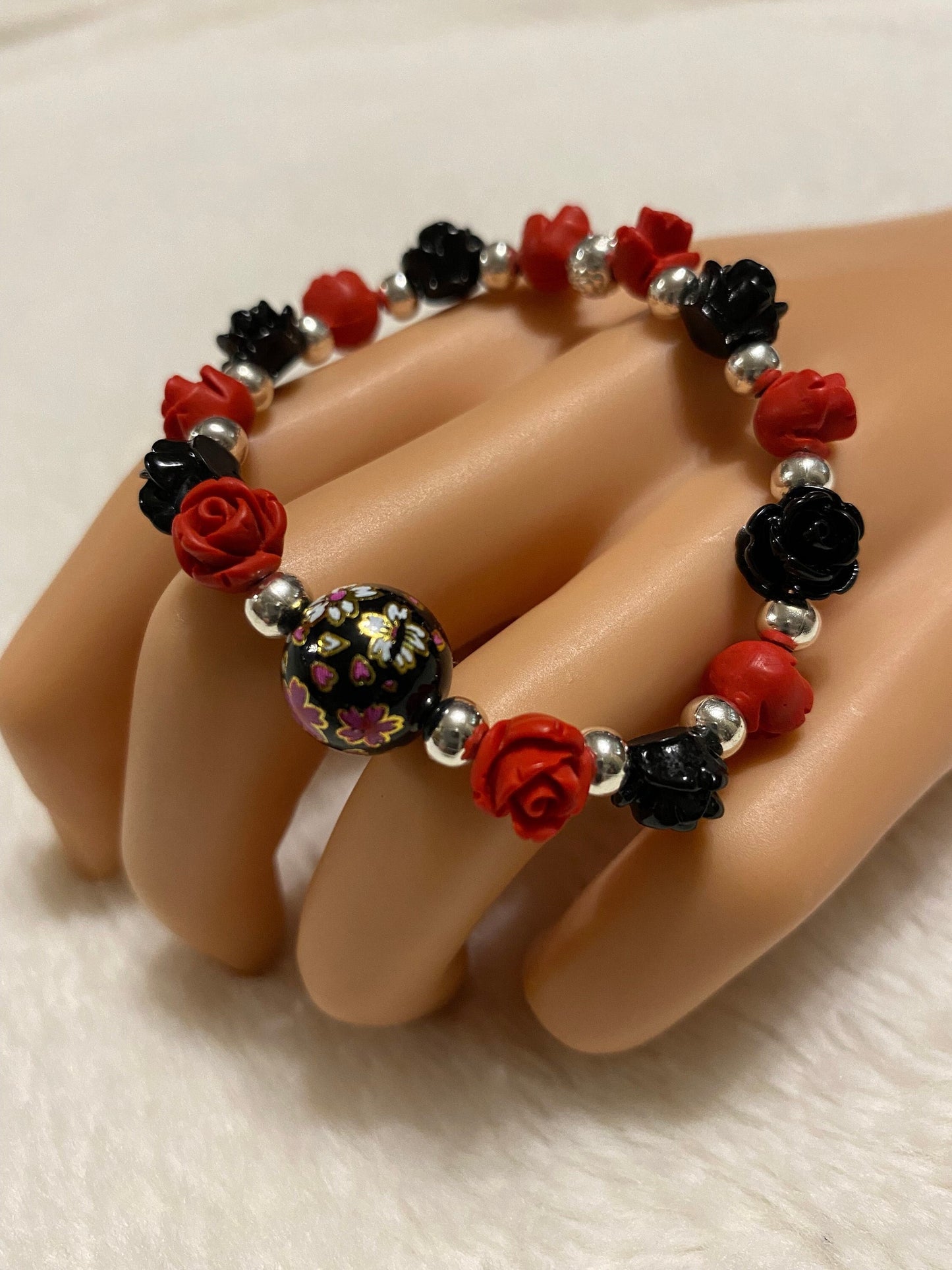 Red & Black Rose Bracelet: Floral Jewelry with Hematite Beads
