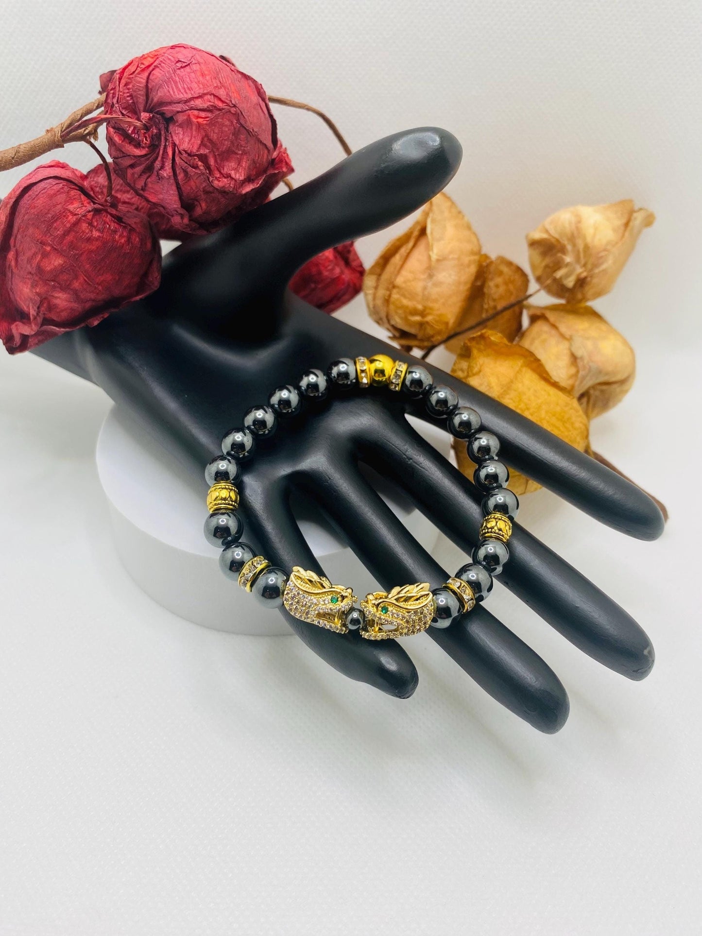 Hematite Dragon Bracelet: Gold Plated Charm, Rhinestone Spacers