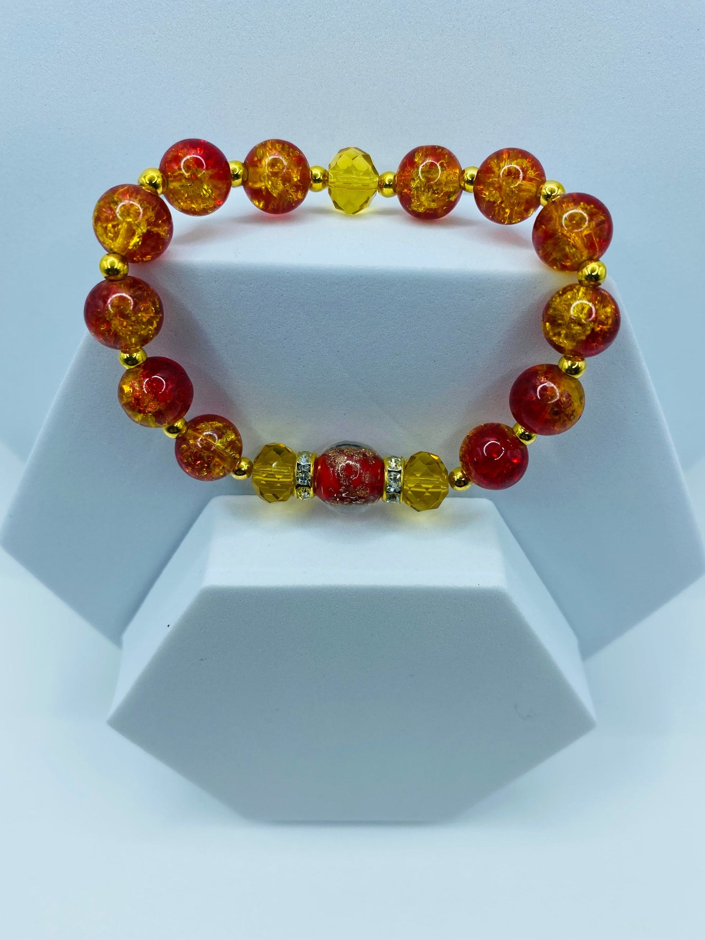 Red Lampwork Crystal Bracelet: Gold Hematite Bead Accents