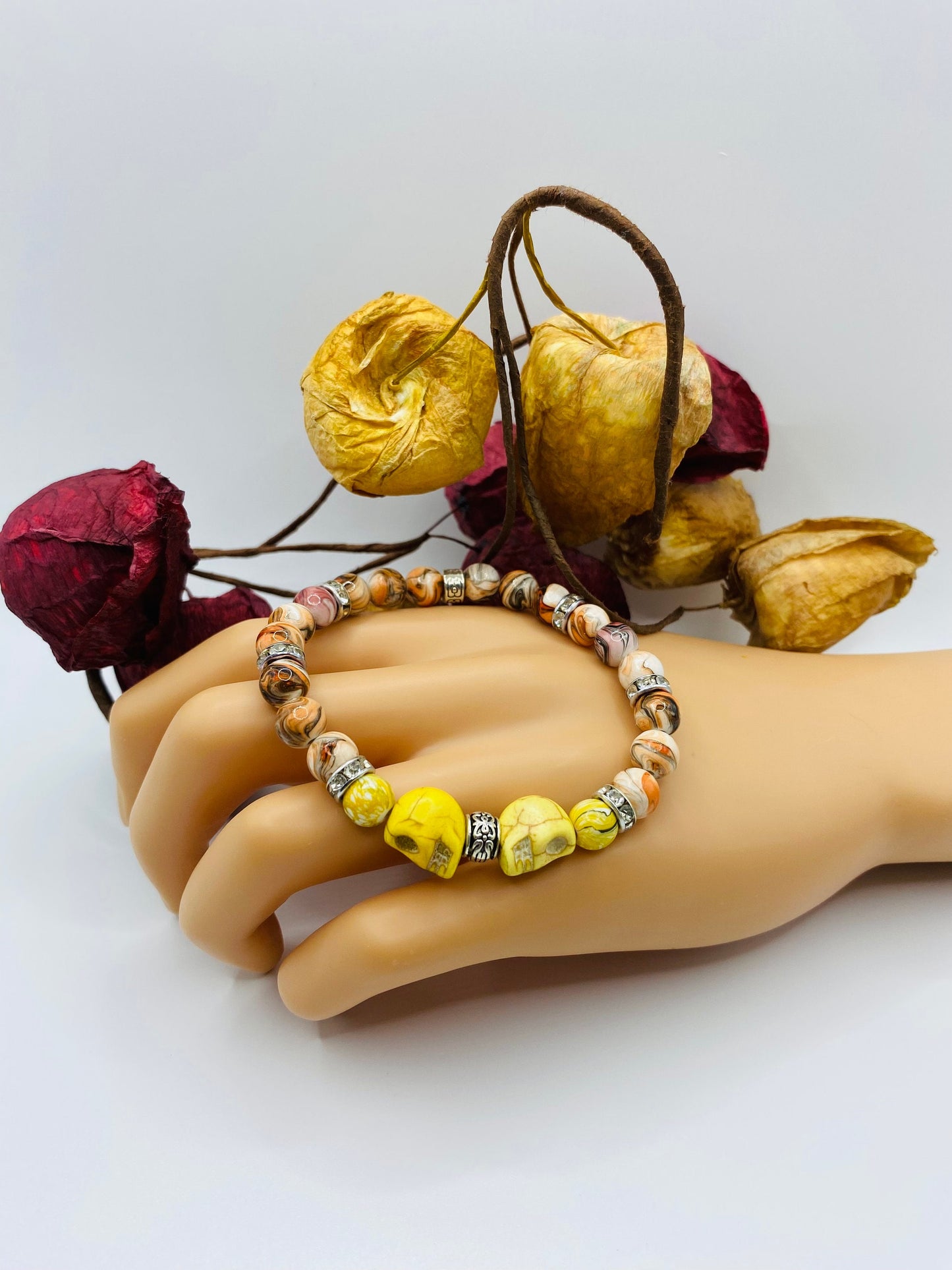 Dia de Los Muertos Skull Bracelet: Turquoise Skull Beads, Rhinestone Spacers