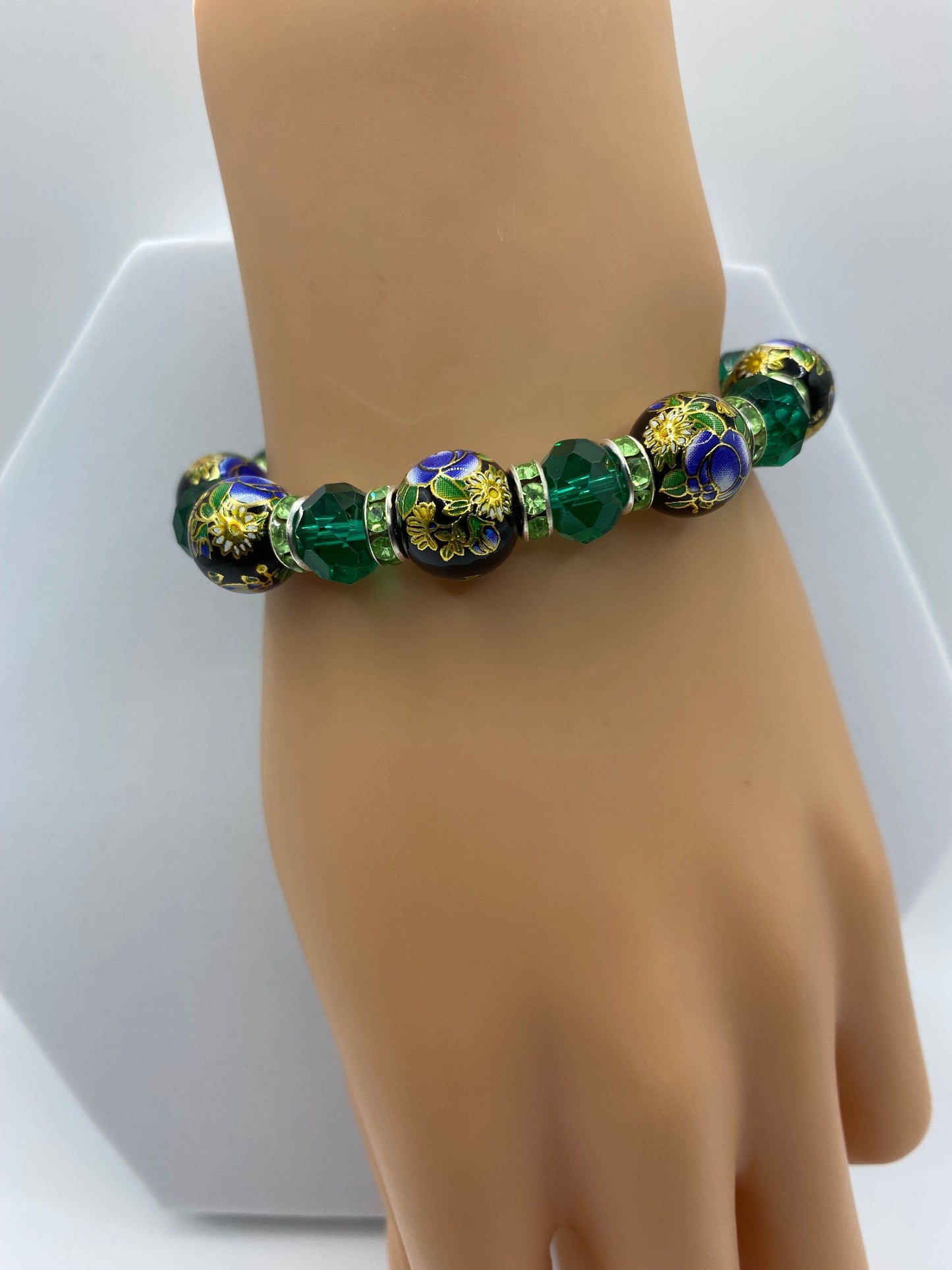 Floral Lampwork Glass Bead Bracelet: Emerald Green Crystal Rhinestone Rondelles