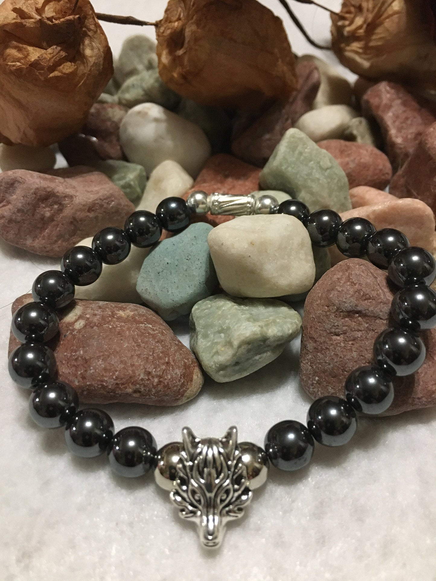 Silver Wolf Charm Bracelet with Hematite Gemstone Beads