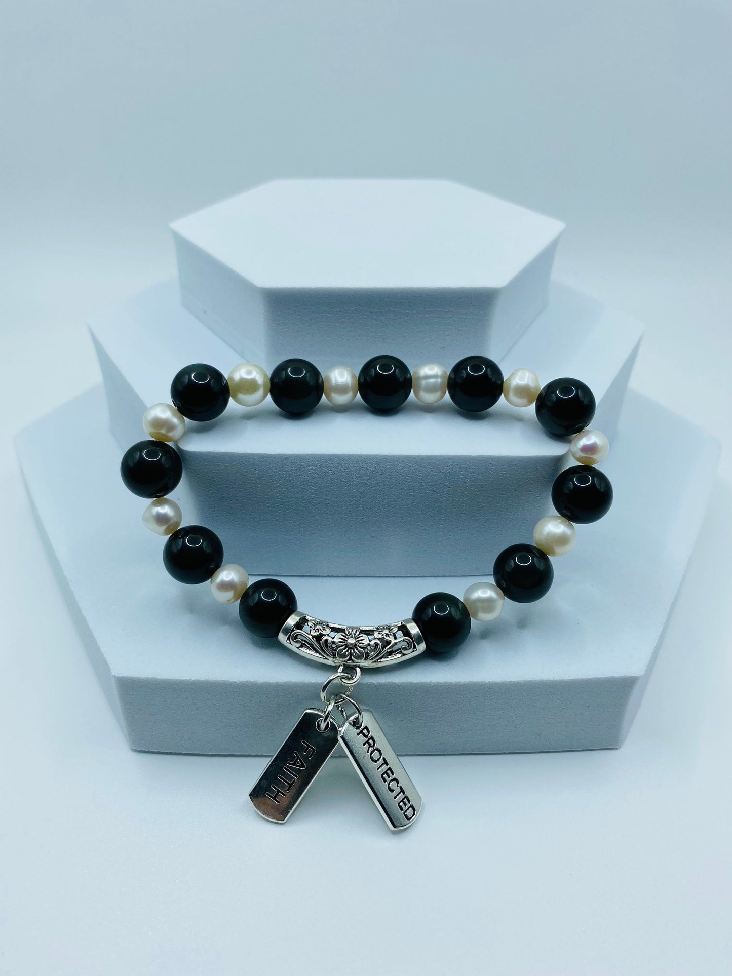 Onyx & Pearl Charm Bracelet: Inspirational Word Charms, Handmade