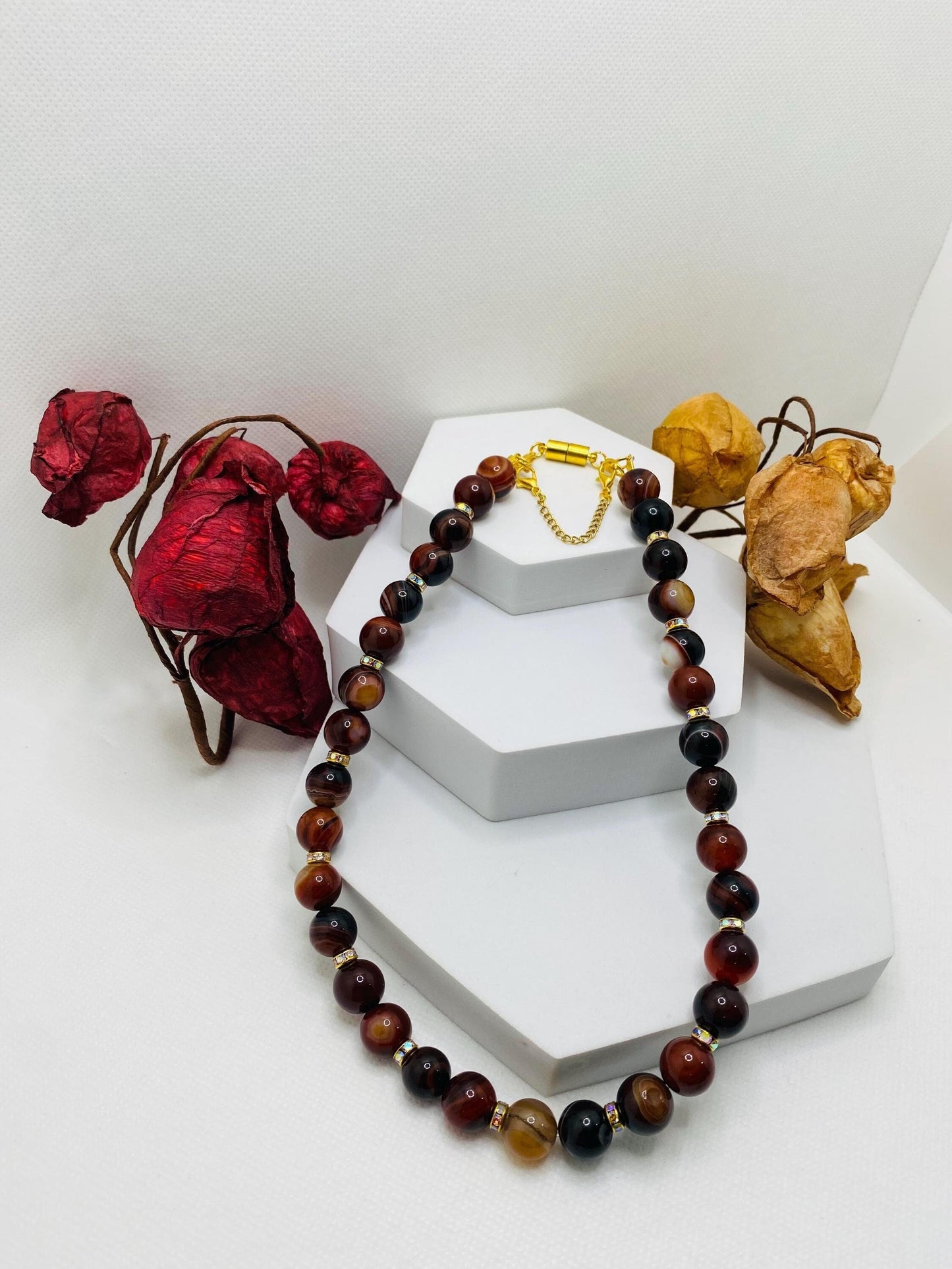 Dream Agate Gemstone Necklace: Gold Plated Magnetic Clasp