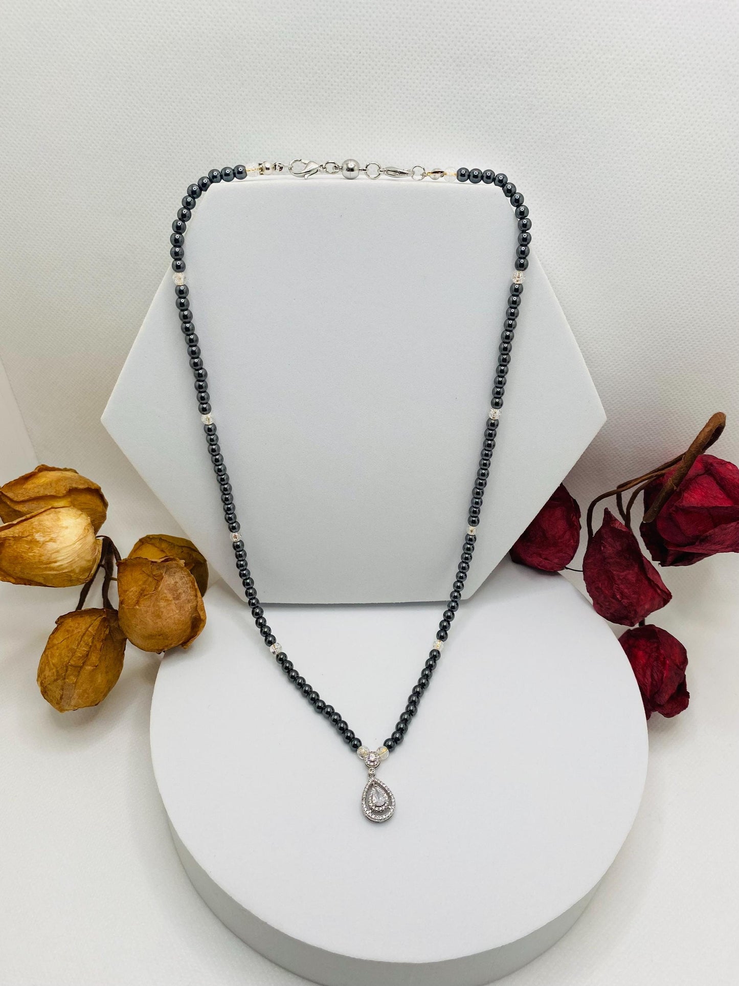 Womens Necklace Handmade Jewelry - Hematite Gemstone Beads & Zirconia Pendant, Gifts for her, Crystal Necklace