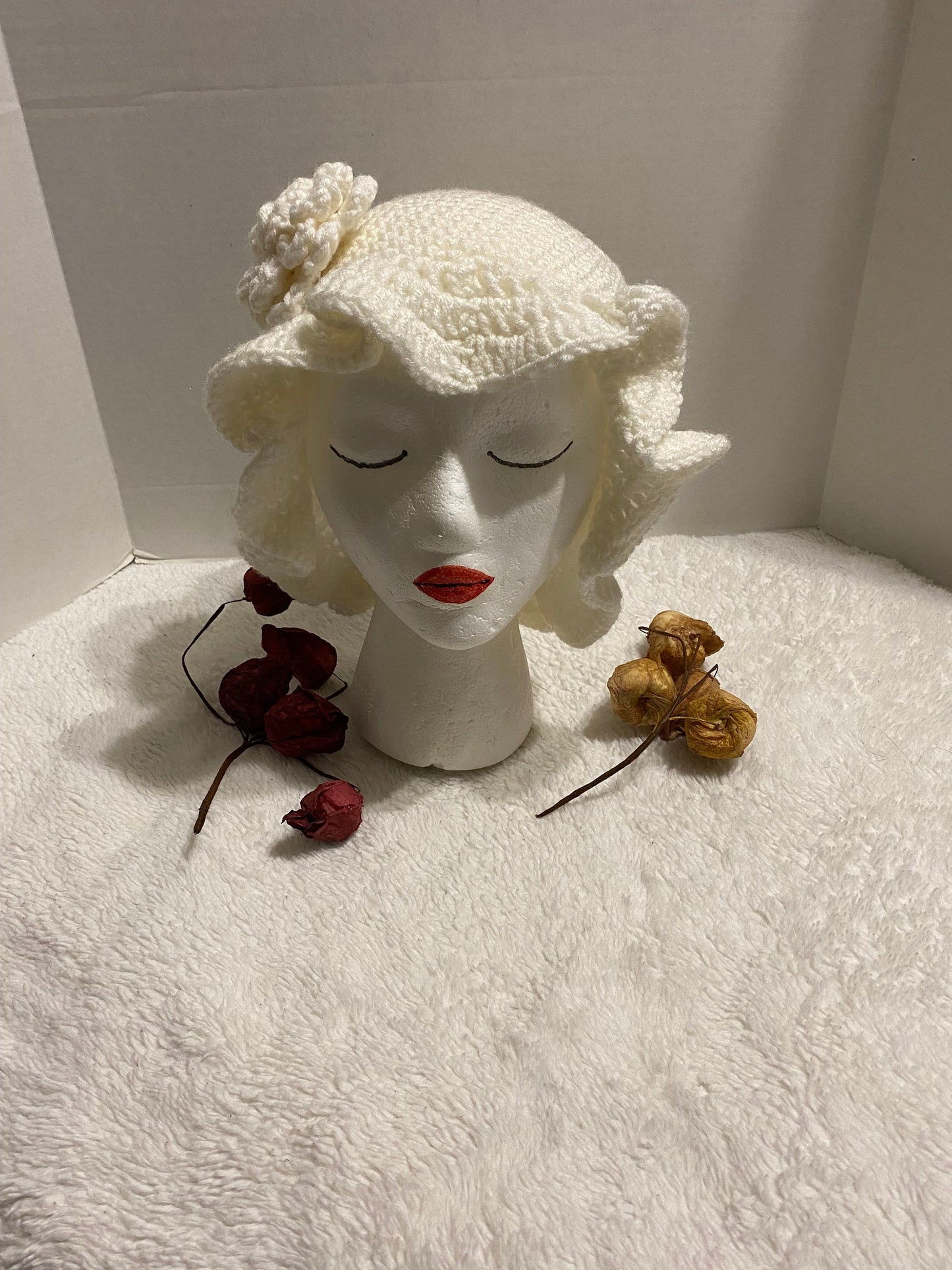 Handmade Crochet Bucket Hat: White Acrylic Flower Hat