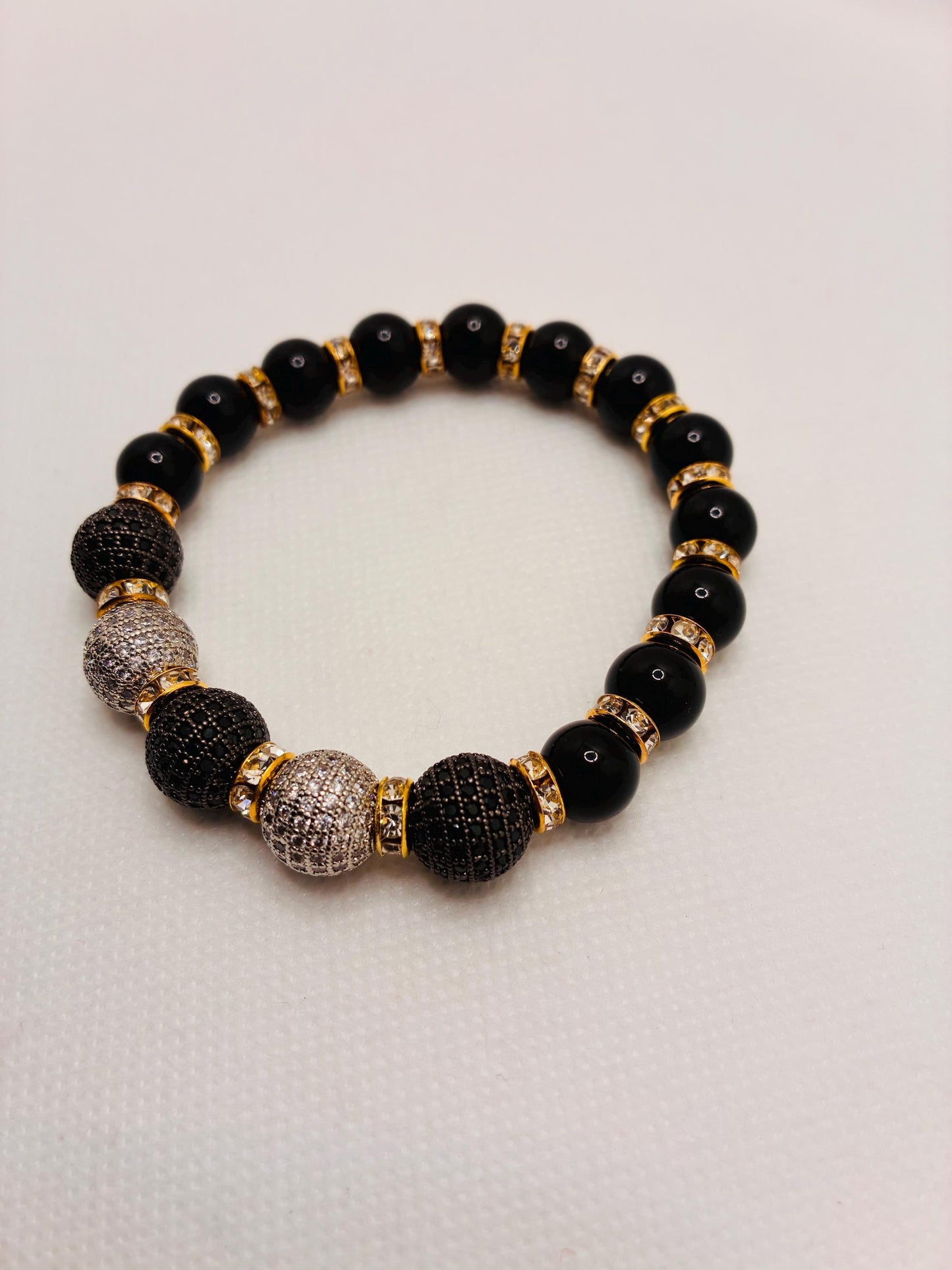 Black Onyx Bracelet with Brass Rhinestone & Zirconia Beads: Gold Plated Rondelles