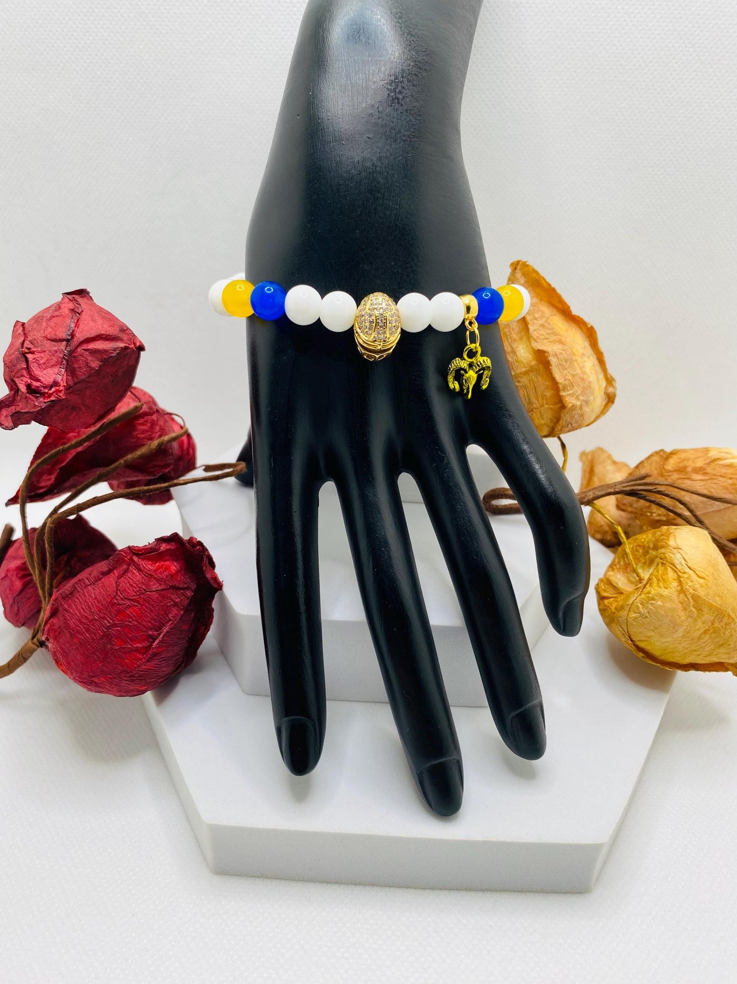 Los Angeles Rams Bracelet: Agate & Kyanite Gemstone Beads, Football Charm