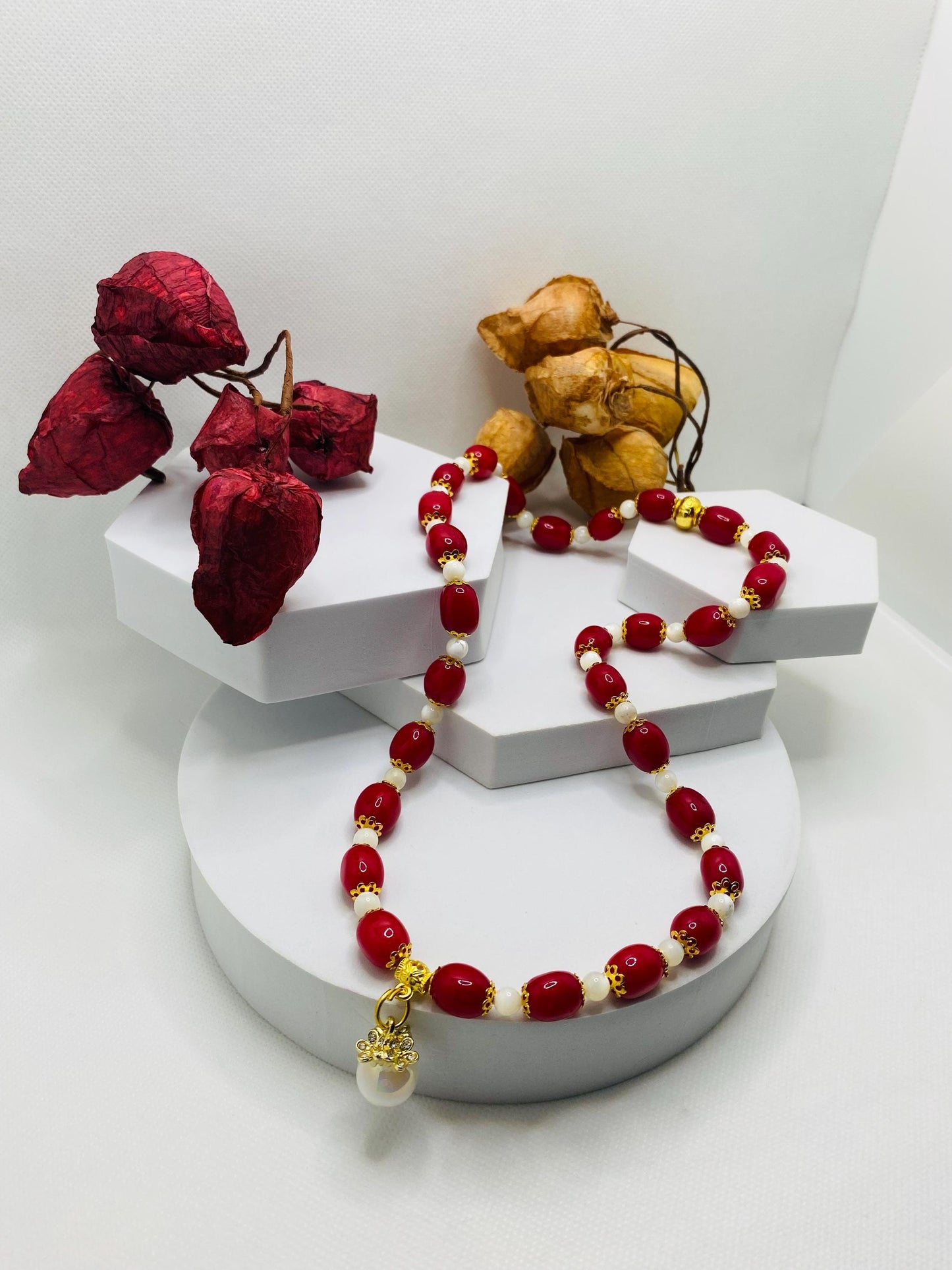 Handmade Red Jade Necklace: Mother of Pearl, Faux Pearl Pendant