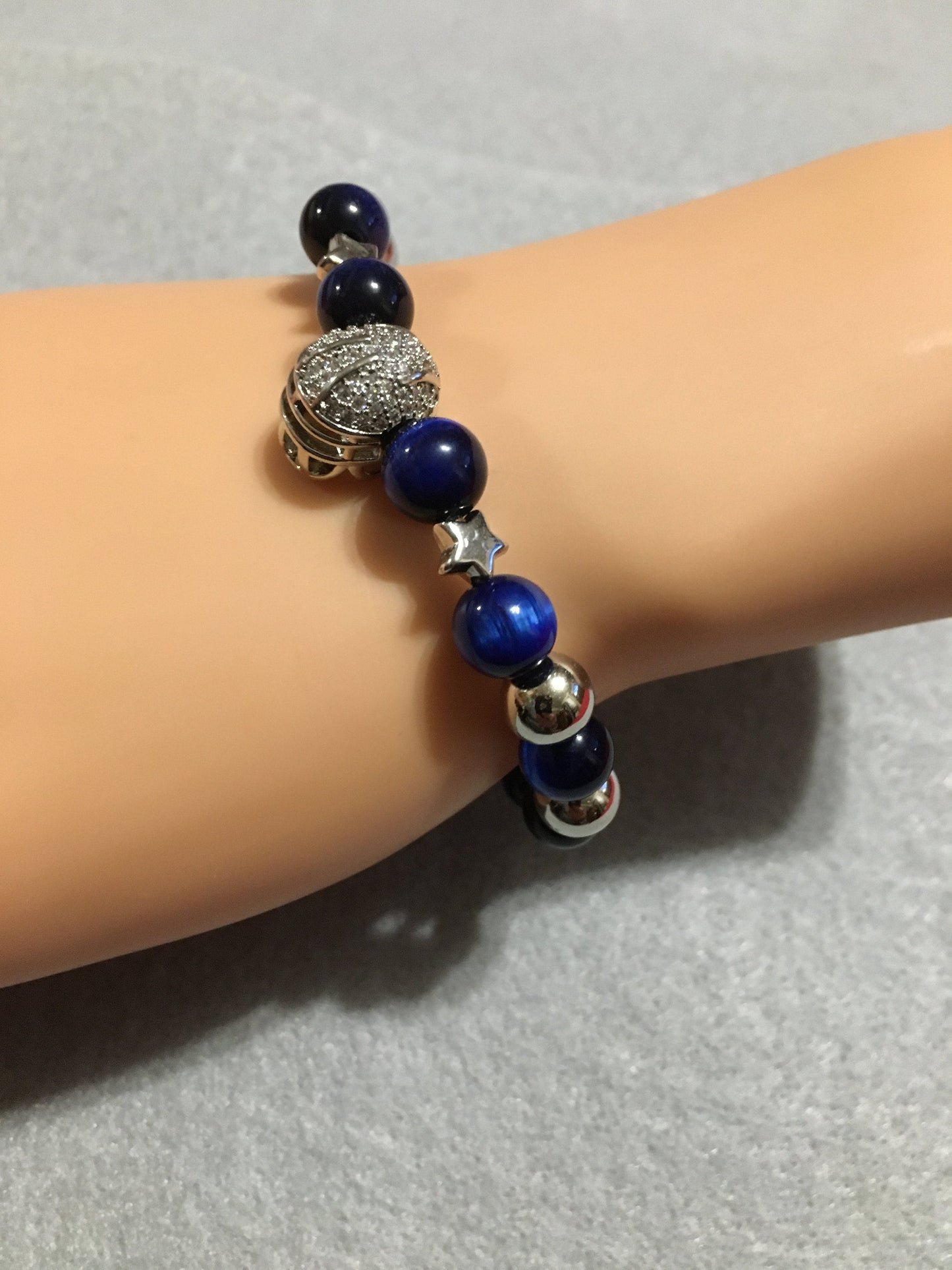 Dallas Cowboys Bracelet: Blue Tigers Eye, Silver Helmet & White Gold Stars