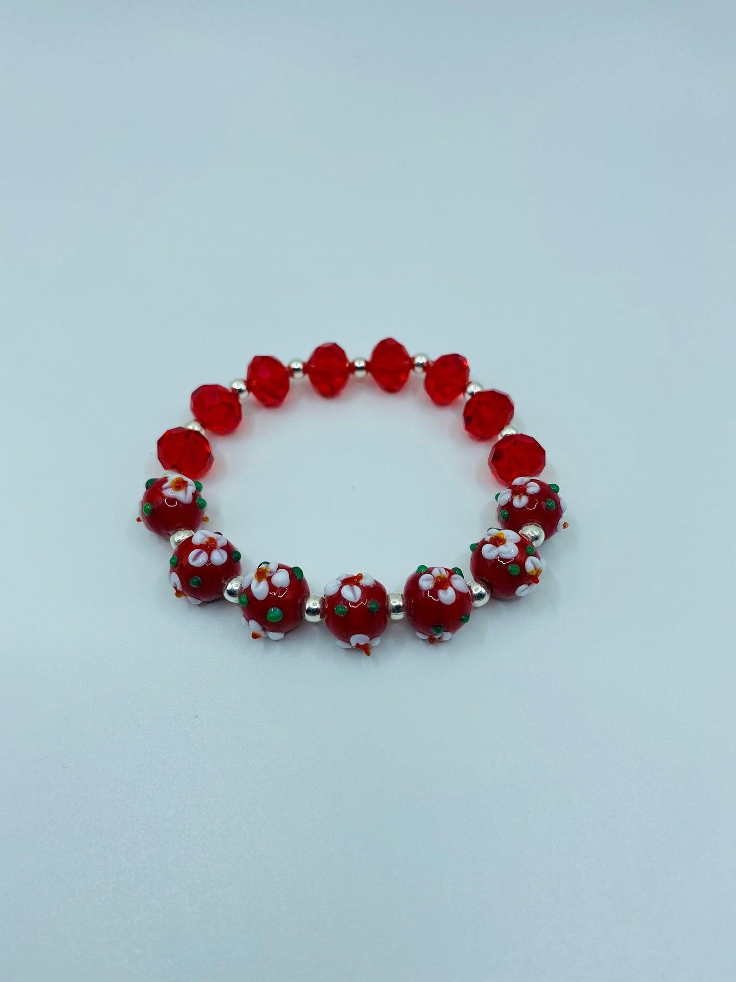 Red Floral Lampwork Glass Bead Bracelet: Red Crystal Handmade Jewelry