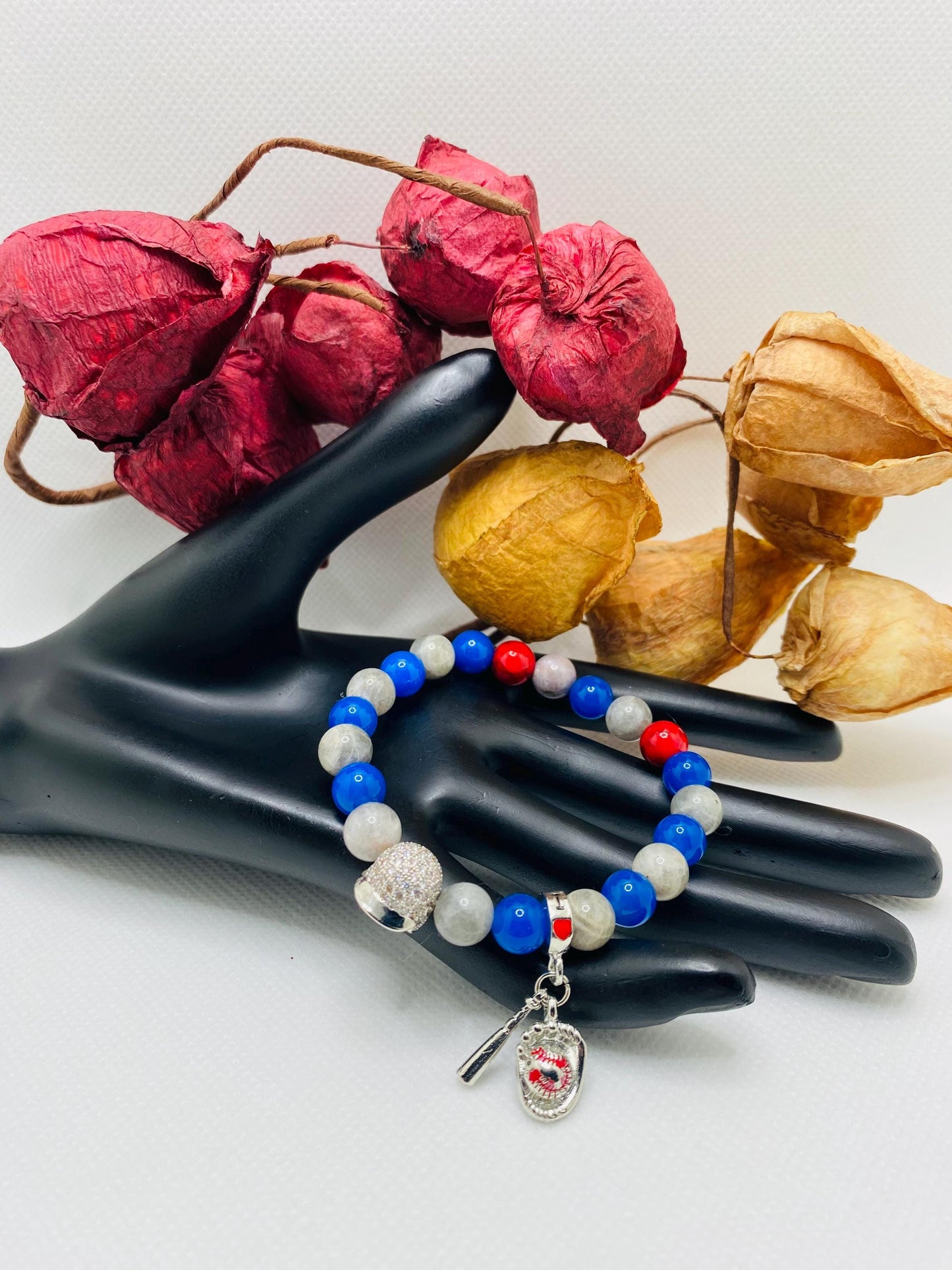 Los Angeles Dodgers Bracelet: Gemstone Beads & Baseball Charms