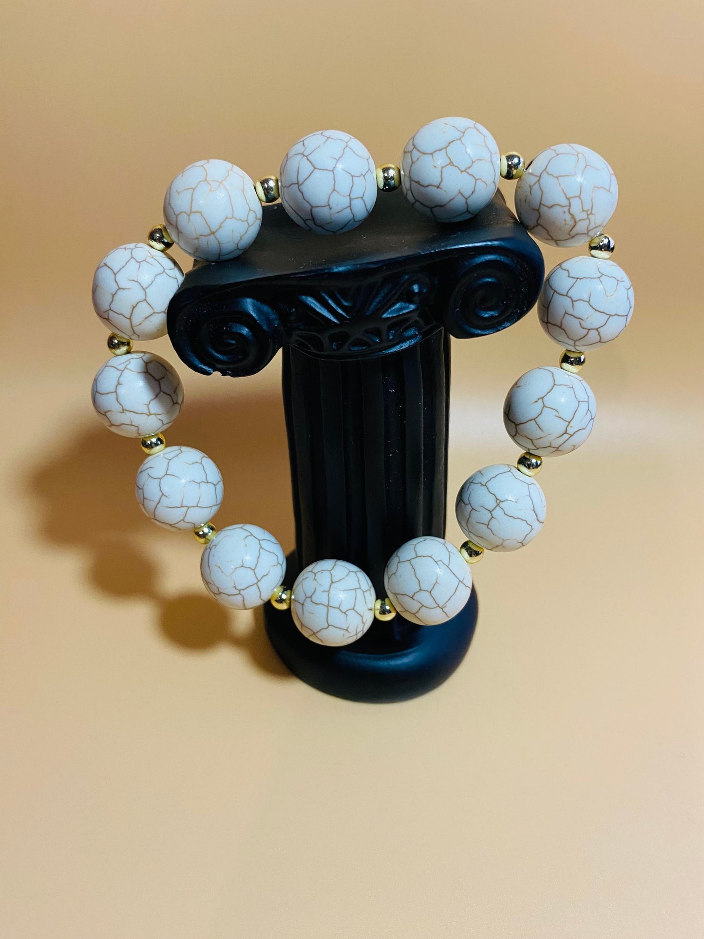 Handmade White Turquoise Bracelet: Gold-Plated Hematite Gemstone Beads