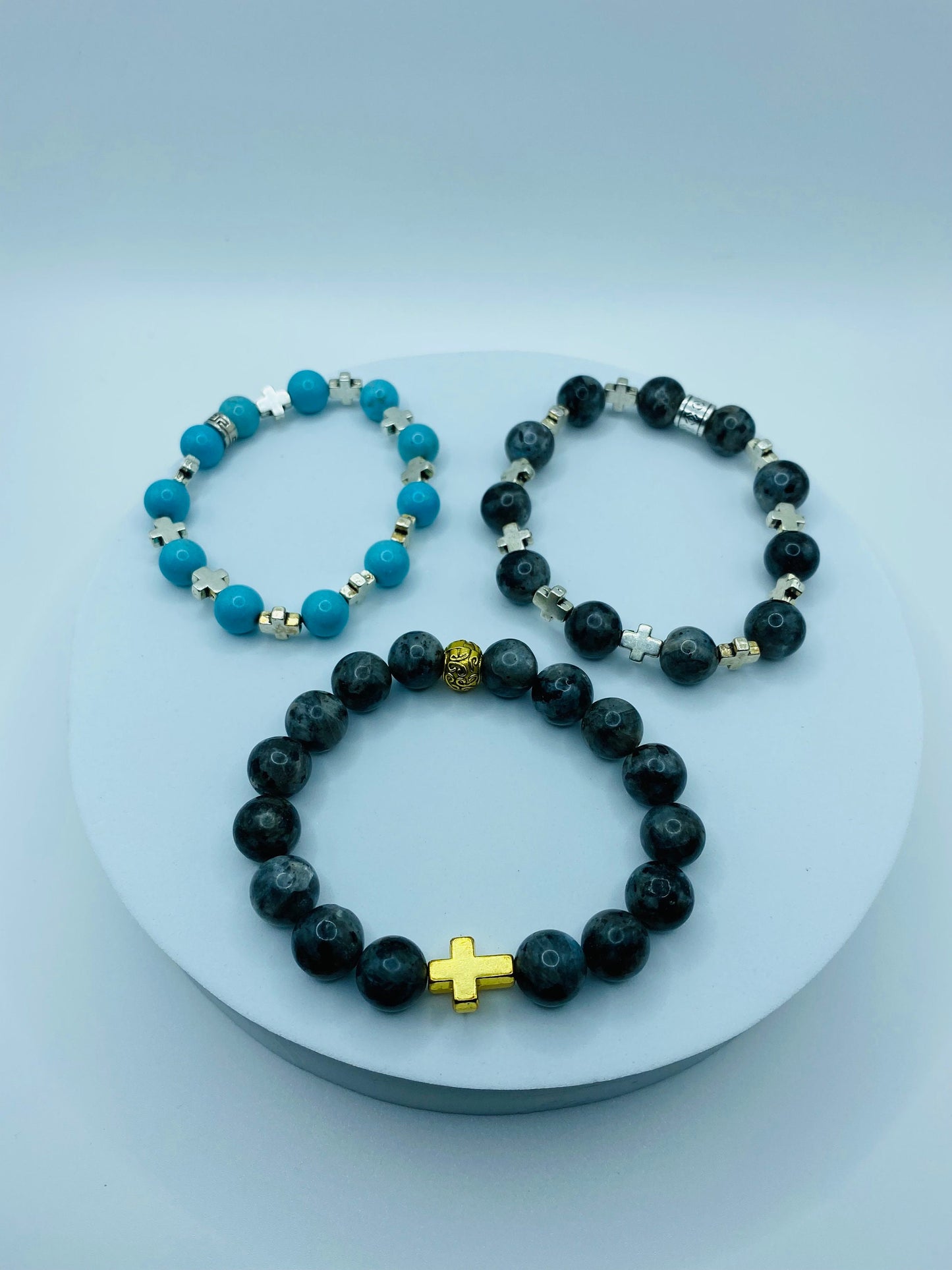 Labradorite Bracelet with Gold Cross Charm: Religious Jewelry Gift