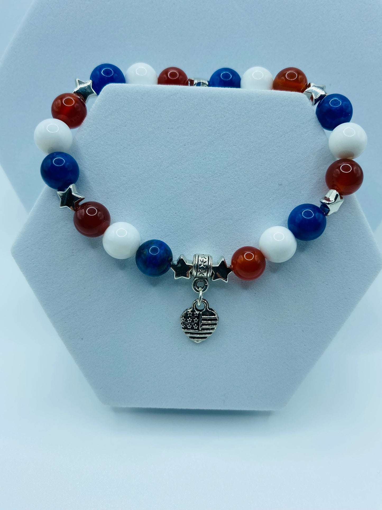 Handmade Jewelry Star Bracelet with Heart Shaped American Flag, Natural Gemstone Beads, Charm Bracelet