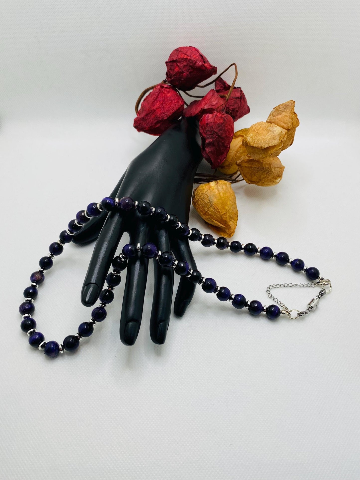 Purple Tigers Eye Necklace: Silver Hematite Gemstone Beaded Jewelry