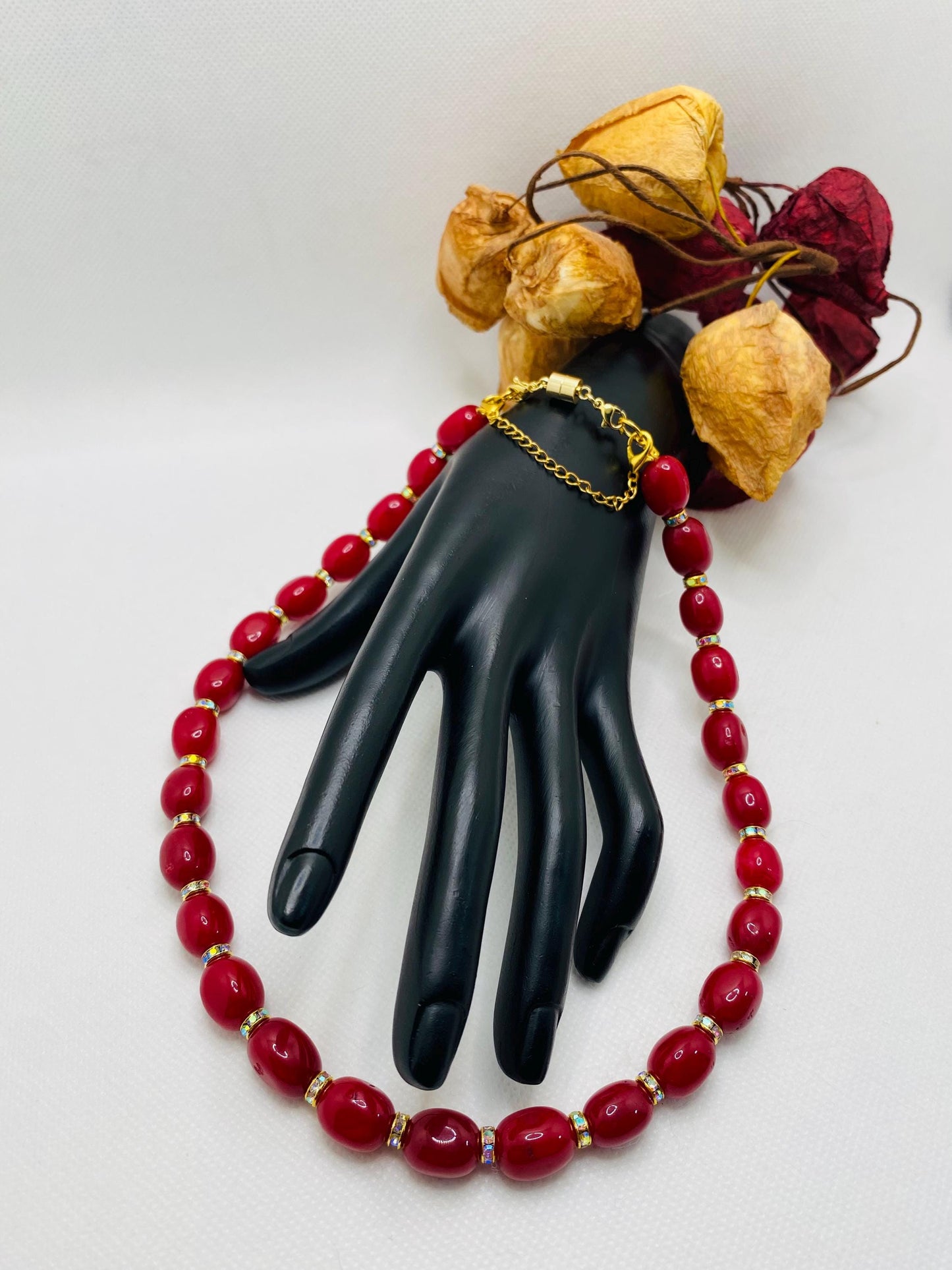 Red Jade Gemstone Necklace: Rhinestone Rondelles, Magnetic Clasp