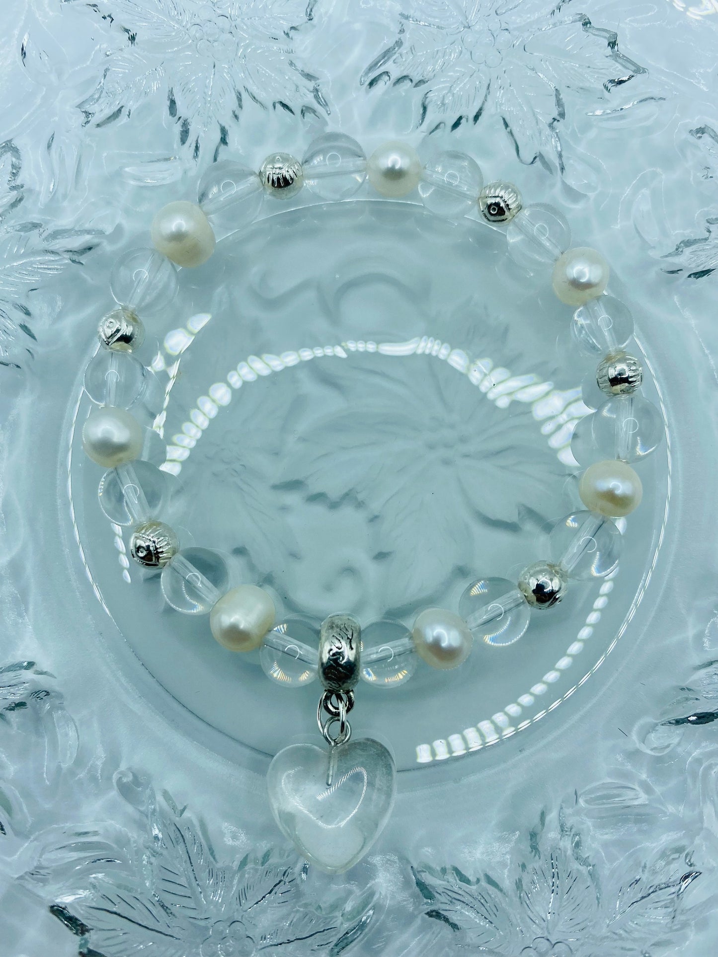 Clear Quartz Crystal Bracelet: Baroque Pearls & Heart Charm