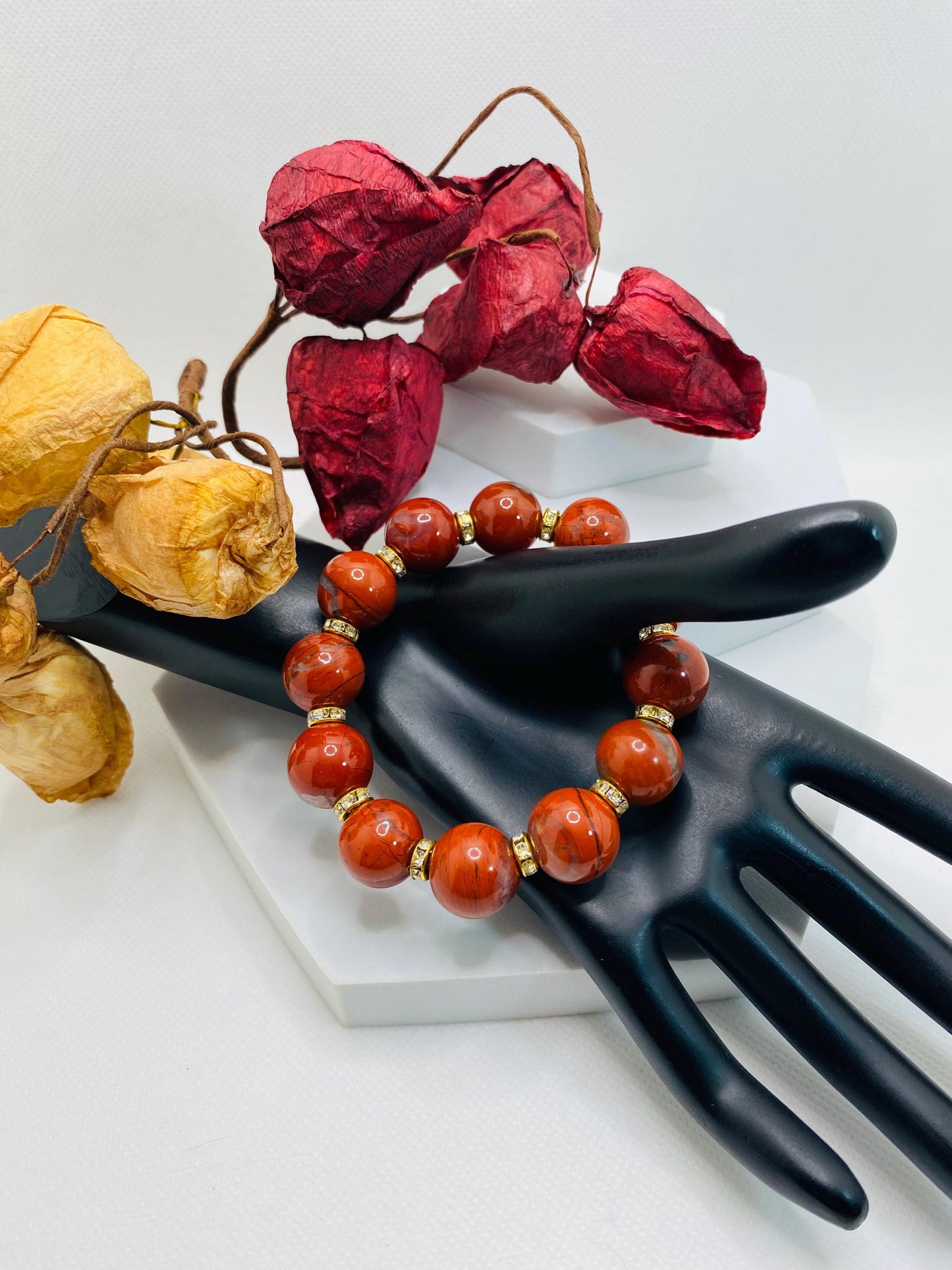 Handmade Chunky Red Jasper Bracelet: Rhinestone Gemstone Jewelry