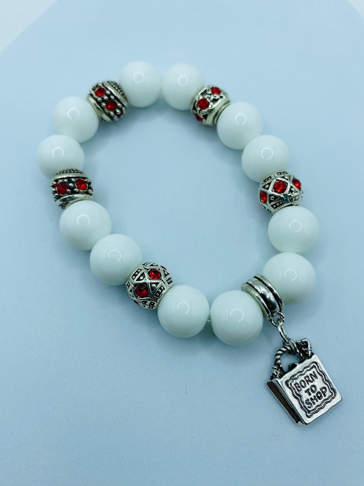 Porcelain Charm Bracelet: Red Rhinestone Handbag Pendant, Antique Silver