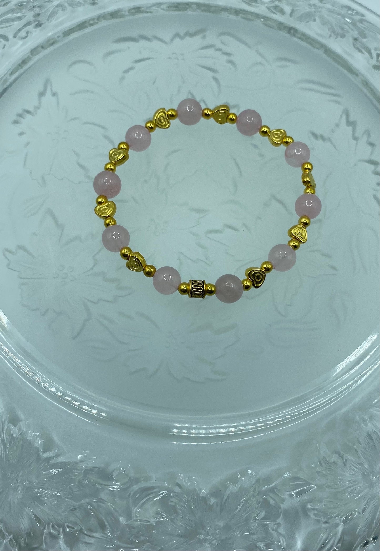 Rose Quartz Bracelet: 18k Gold Heart Charms, Gold Hematite Beads