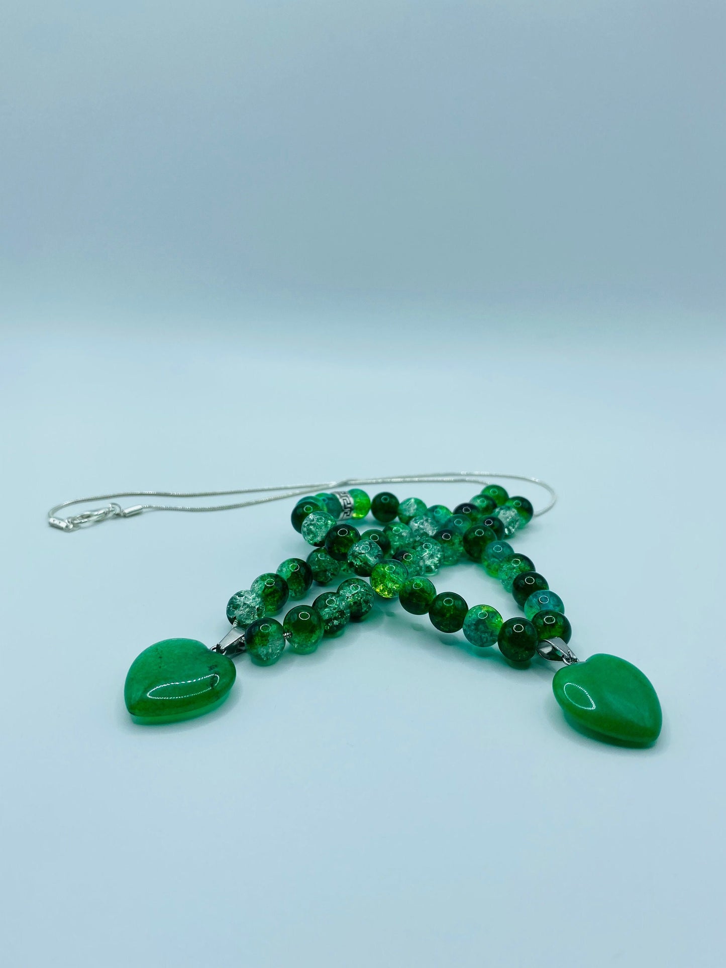 Handmade Jade Heart Necklace Bracelet Set: Green Glass Bead Jewelry