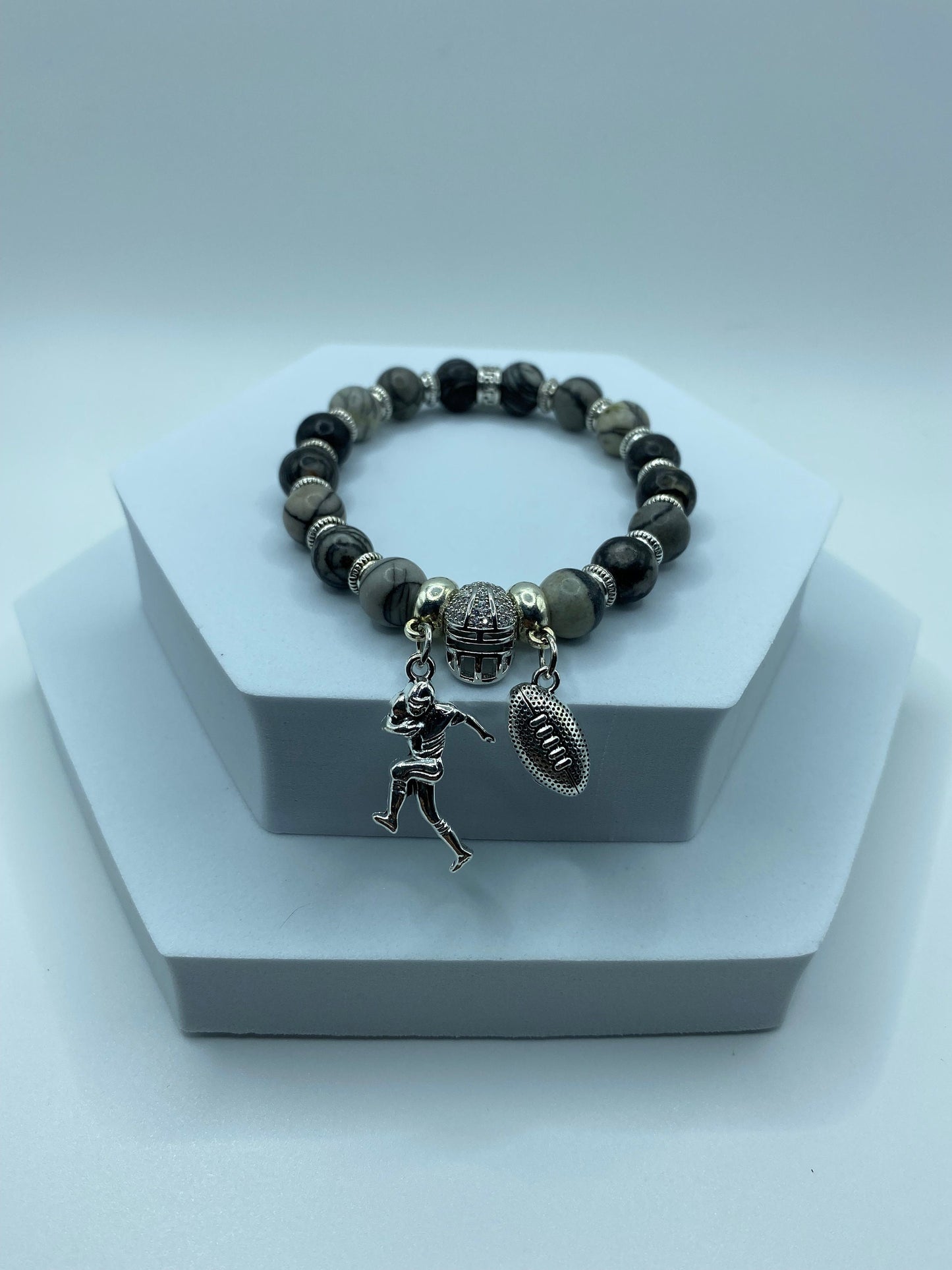 Las Vegas Raiders Charm Bracelet for Men, Womens Bracelet Football Mom, Jasper Gemstone Beads