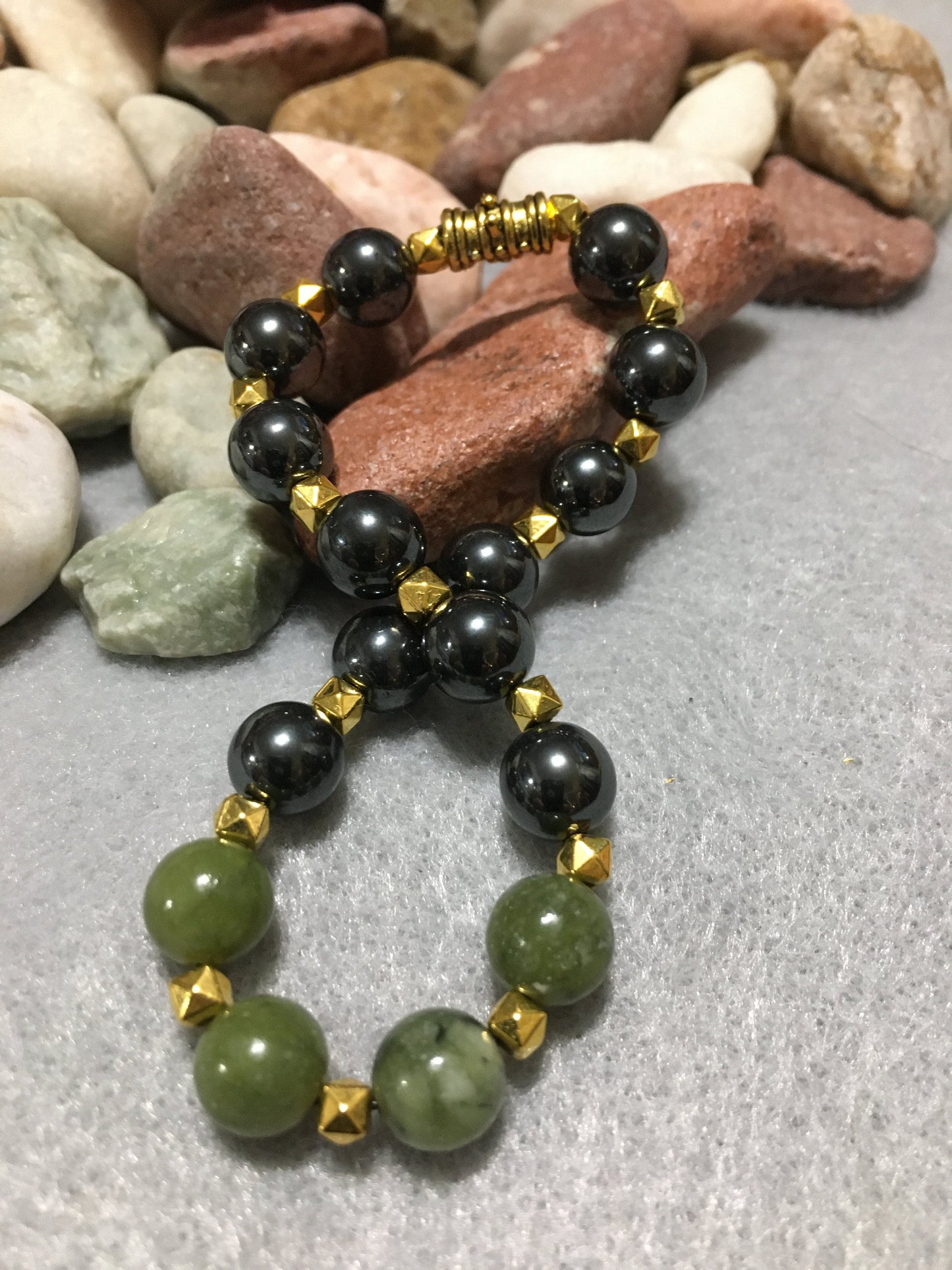 Handmade Jade & Hematite Bracelet: 18k Gold Plated Accents