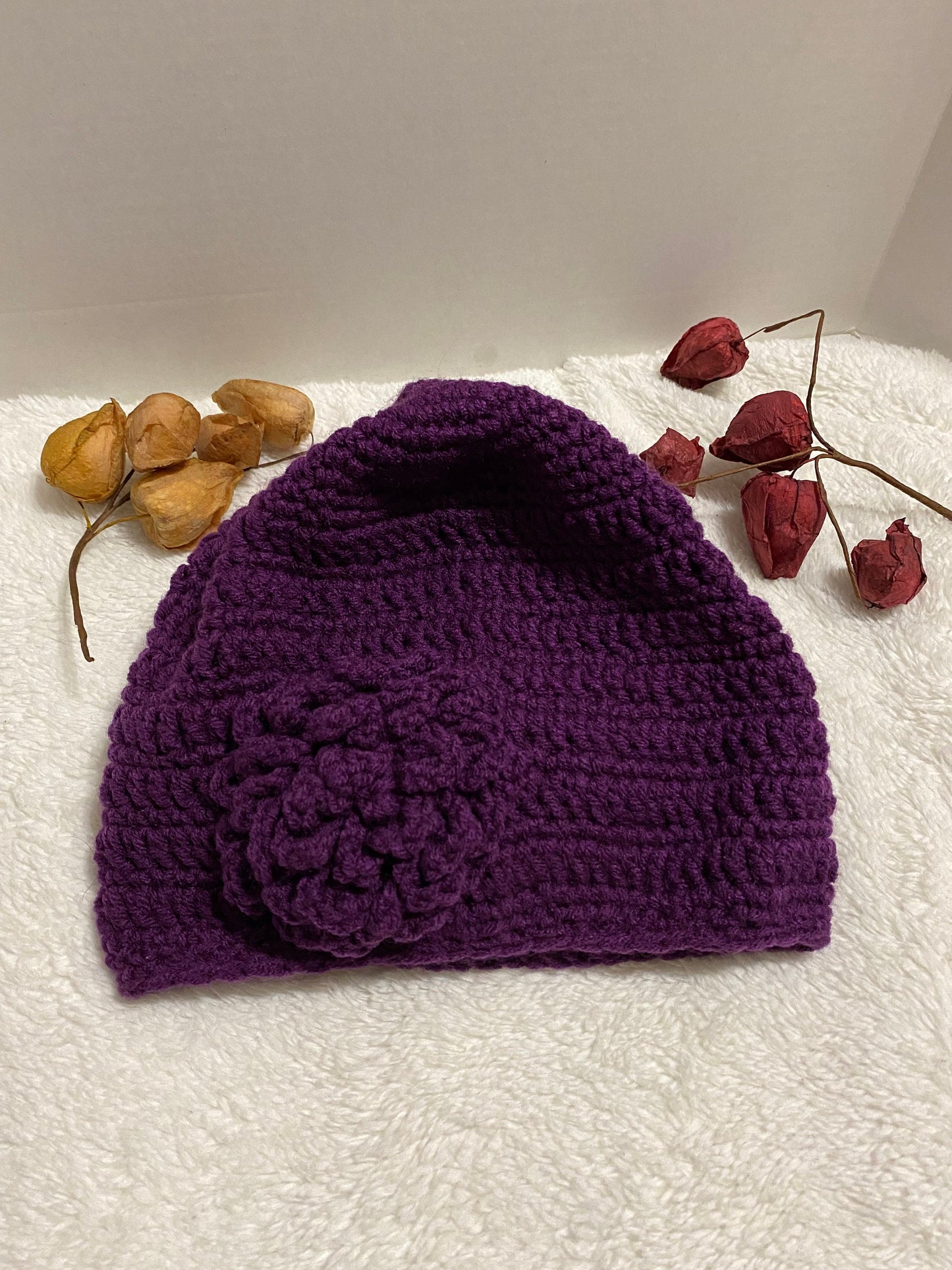 Handmade Crochet Hat with Flower: Purple Acrylic Beanie
