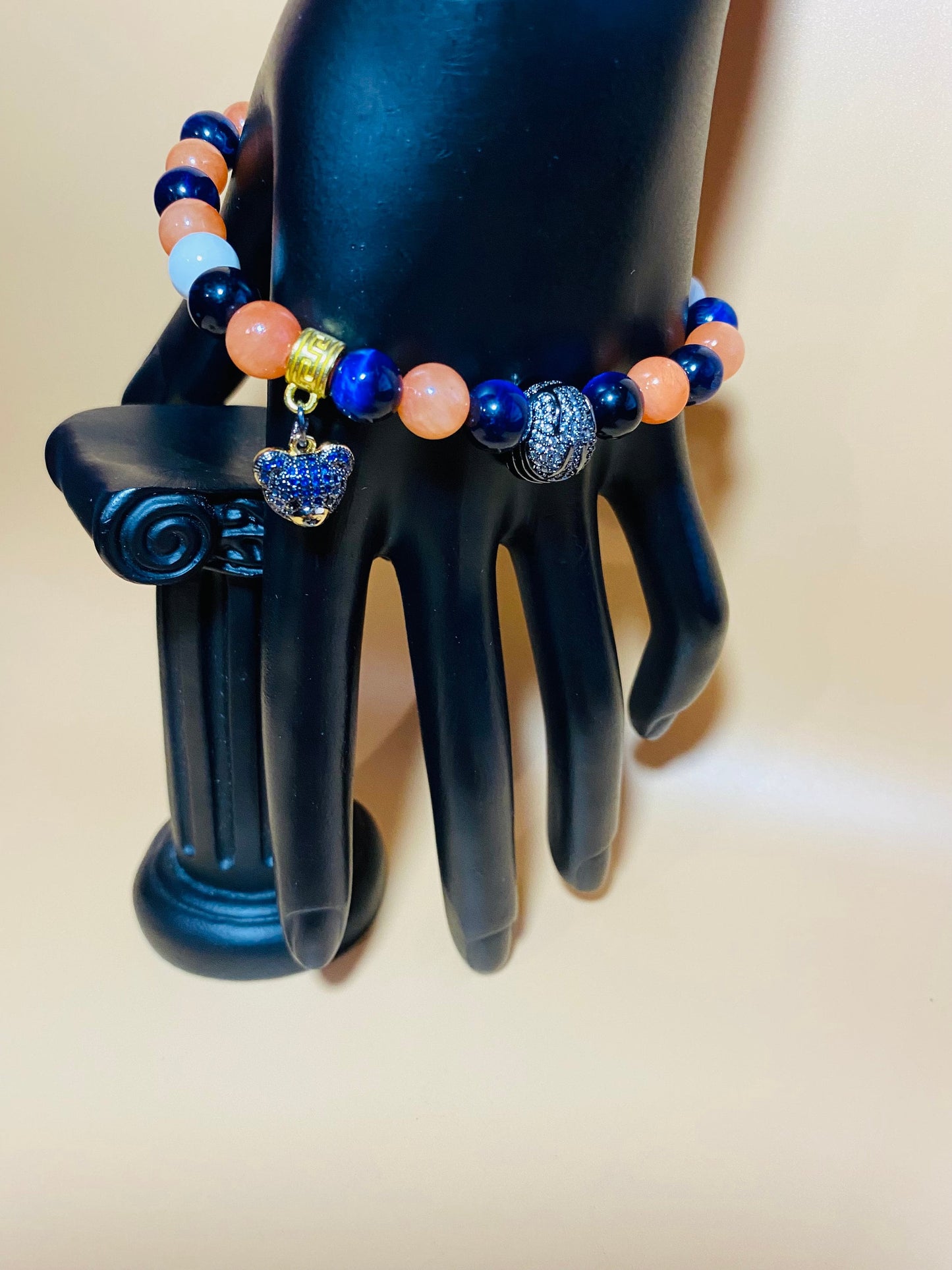 Chicago Bears Bracelet: Gemstone Beads, Bear & Football Helmet Charm