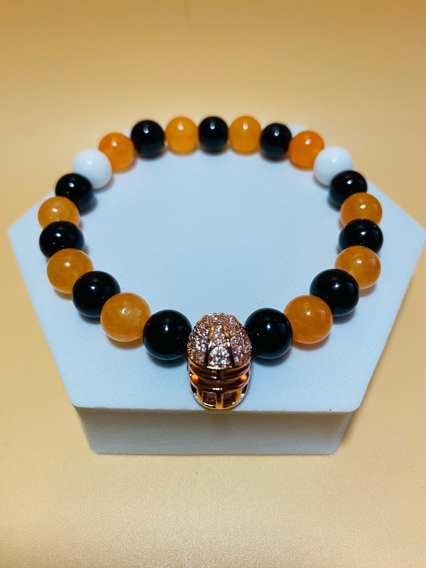 Cincinnati Bengals Bracelet: Onyx & Jade Gemstone Beads with Football Helmet